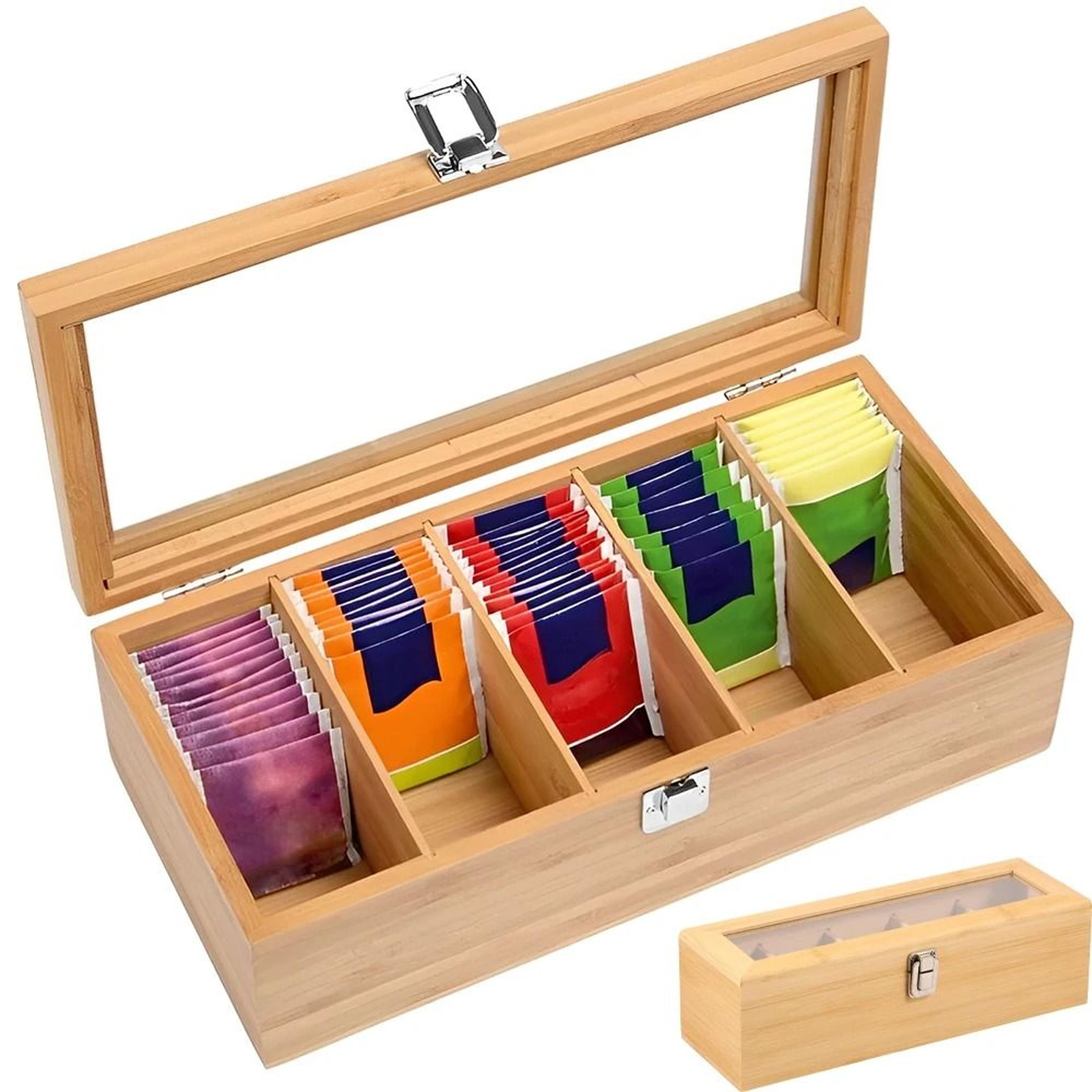 premium bamboo tea bag storage box & multi-compartment packet organizer