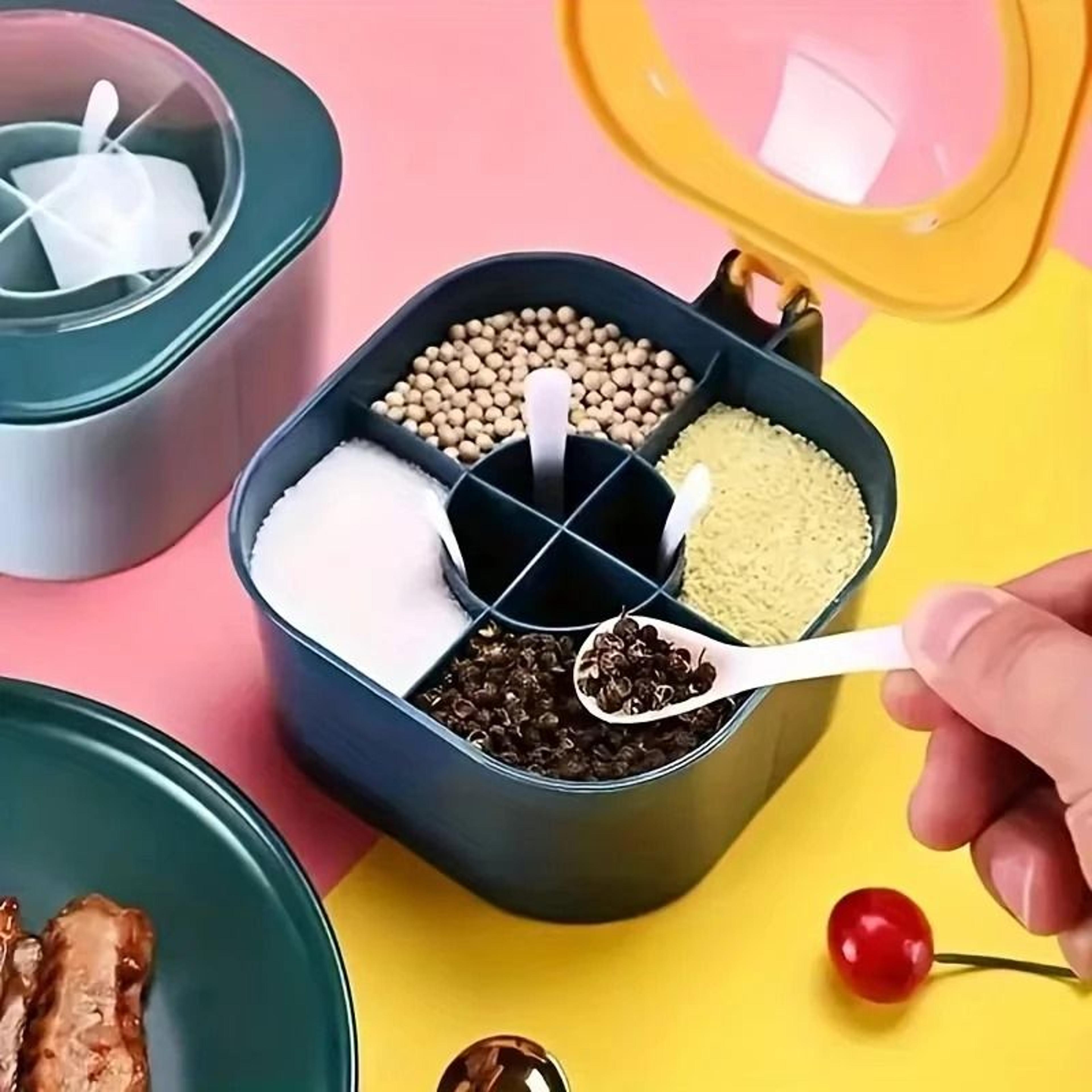 four-compartment integrated kitchen seasoning box - multi-functional spice jar with lid and spoons
