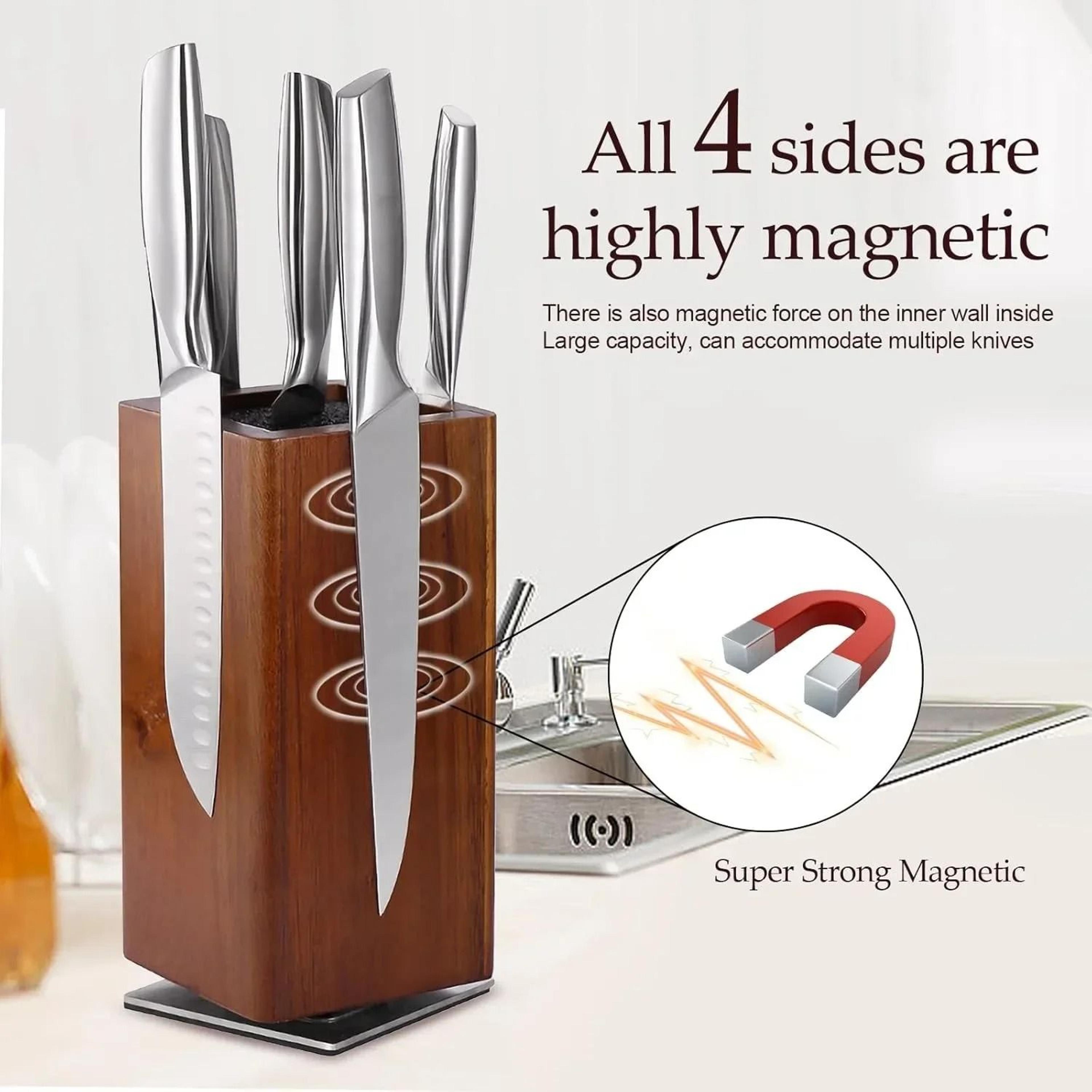 high-quality universal magnetic knife block - 360 rotatable wood knife holder for knives & utensils