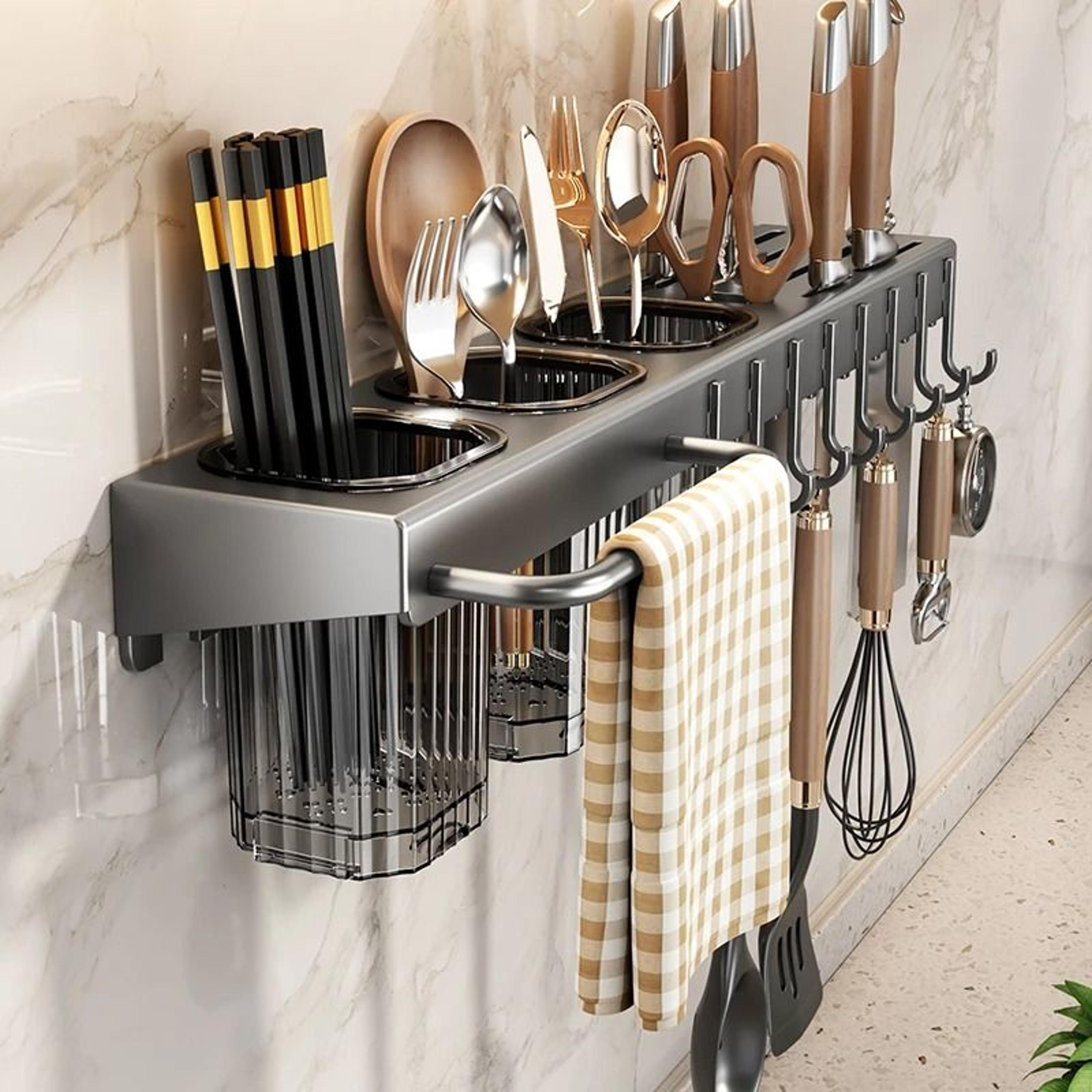 wall-mounted multifunctional kitchen knife rack - integrated utensil holder & chopstick tube