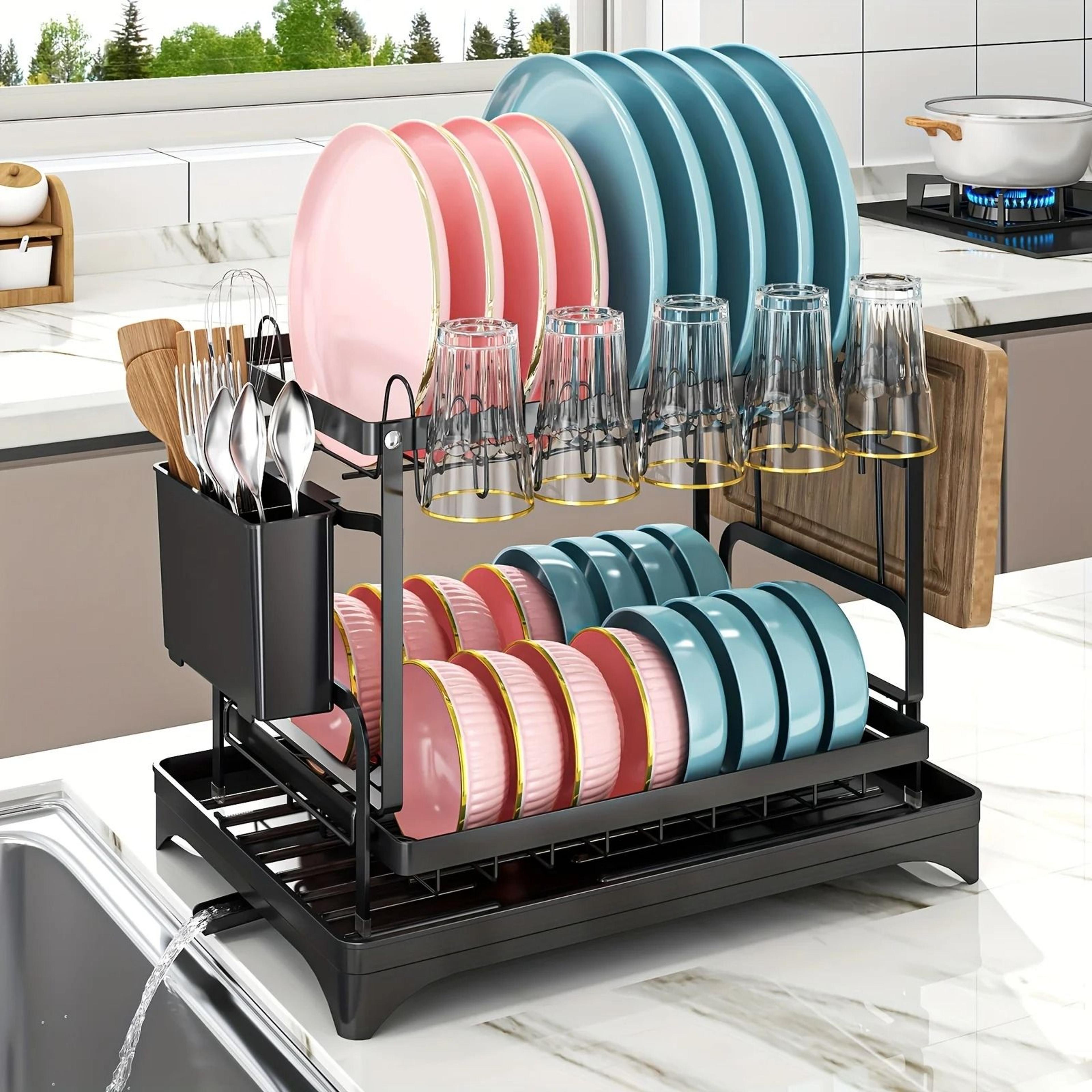 2-tier large dish drying rack - premium stainless steel kitchen counter drainer with drainboard
