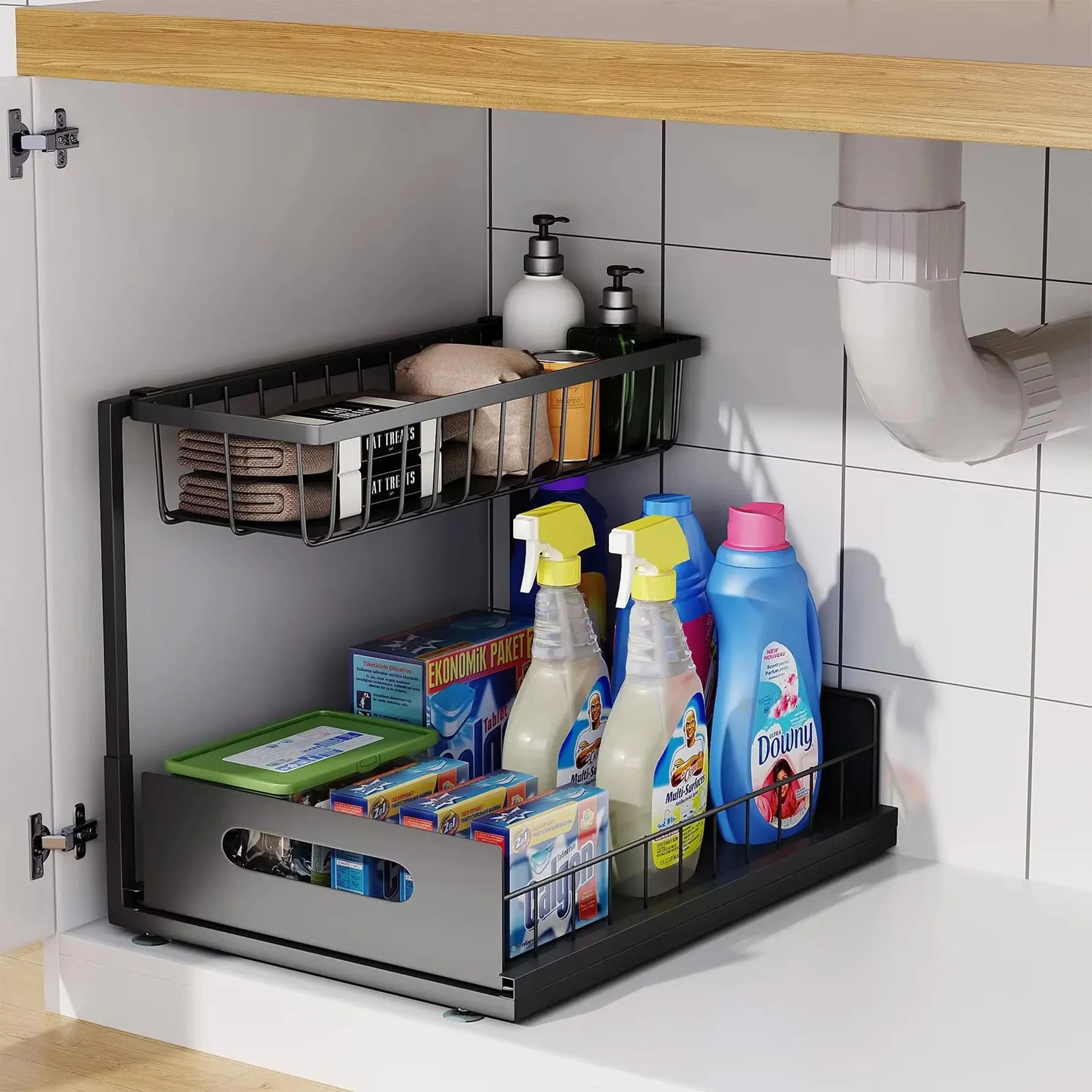 under-sink 2-tier sliding cabinet basket organizer - multi-purpose pull-out storage drawer caddy