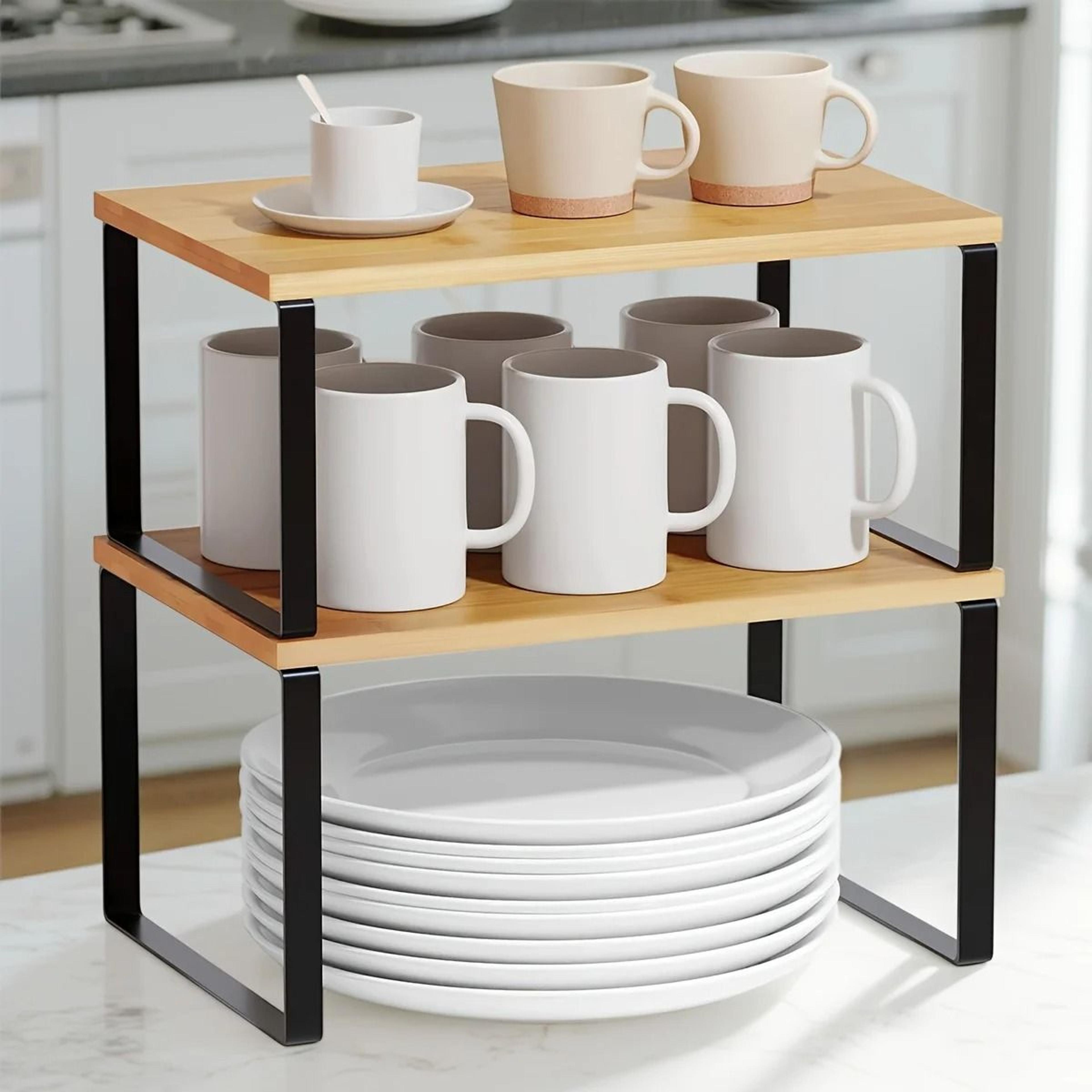 stackable & expandable kitchen counter shelves (set of 2) - heavy-duty cabinet organizer & spice rack
