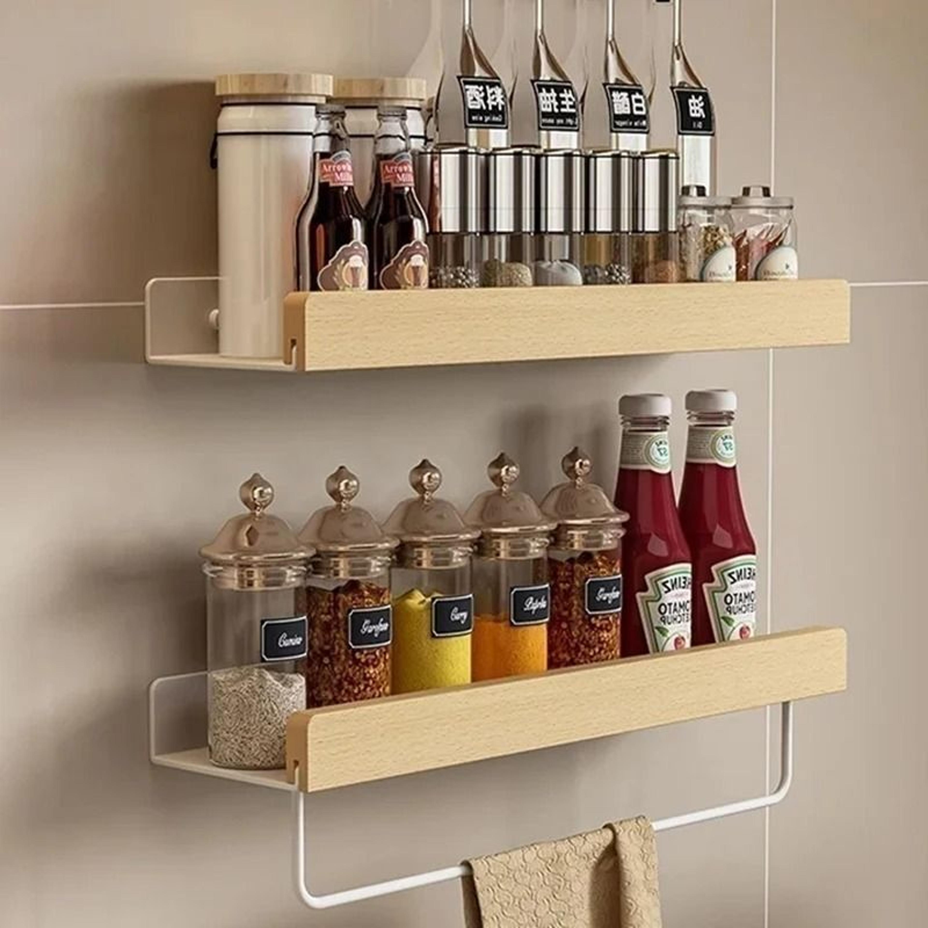 wall-mounted wooden kitchen spice rack - multi-functional condiment organizer with accessory hooks