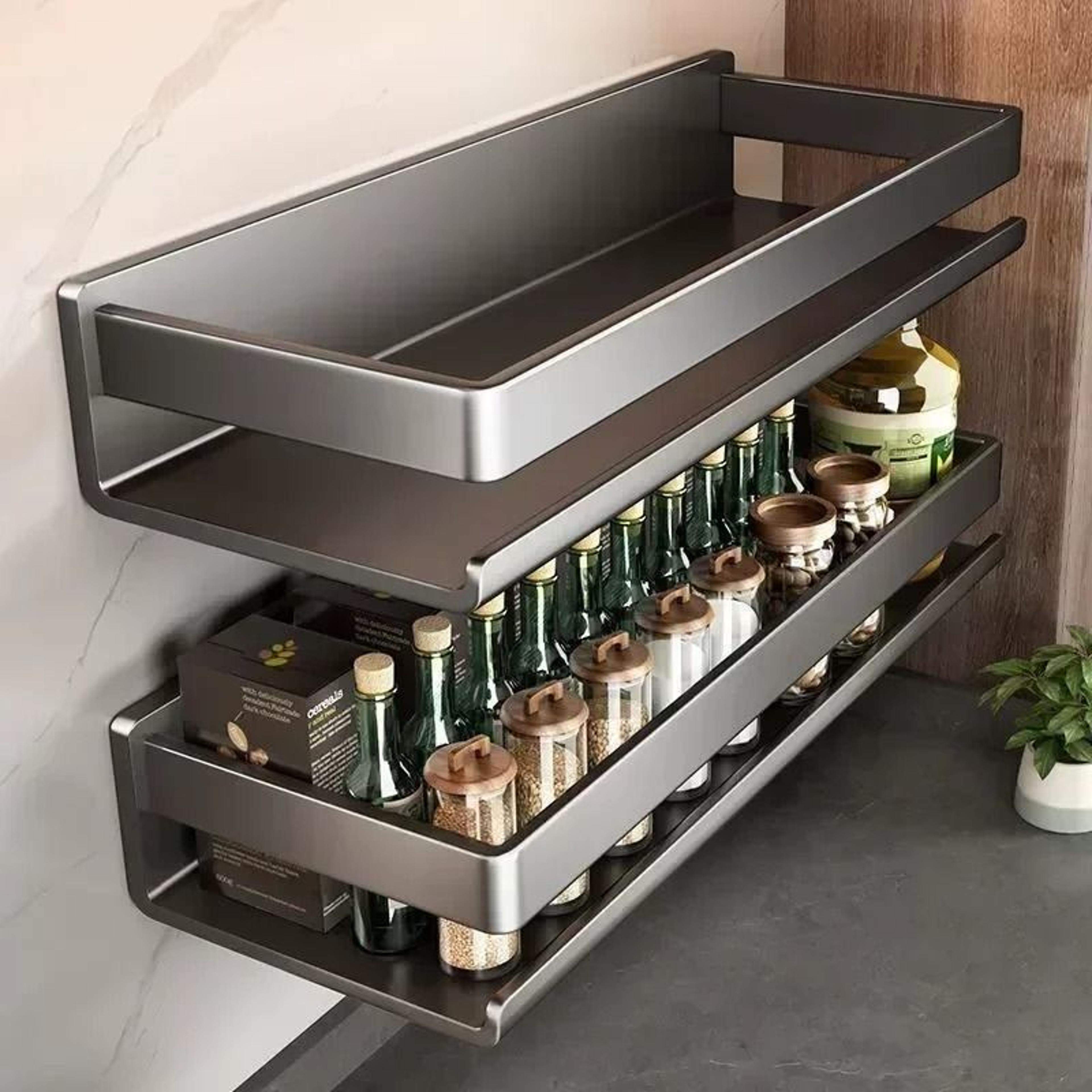 wall-mounted metal spice rack - multifunctional condiment storage organizer with kitchen accessory hooks