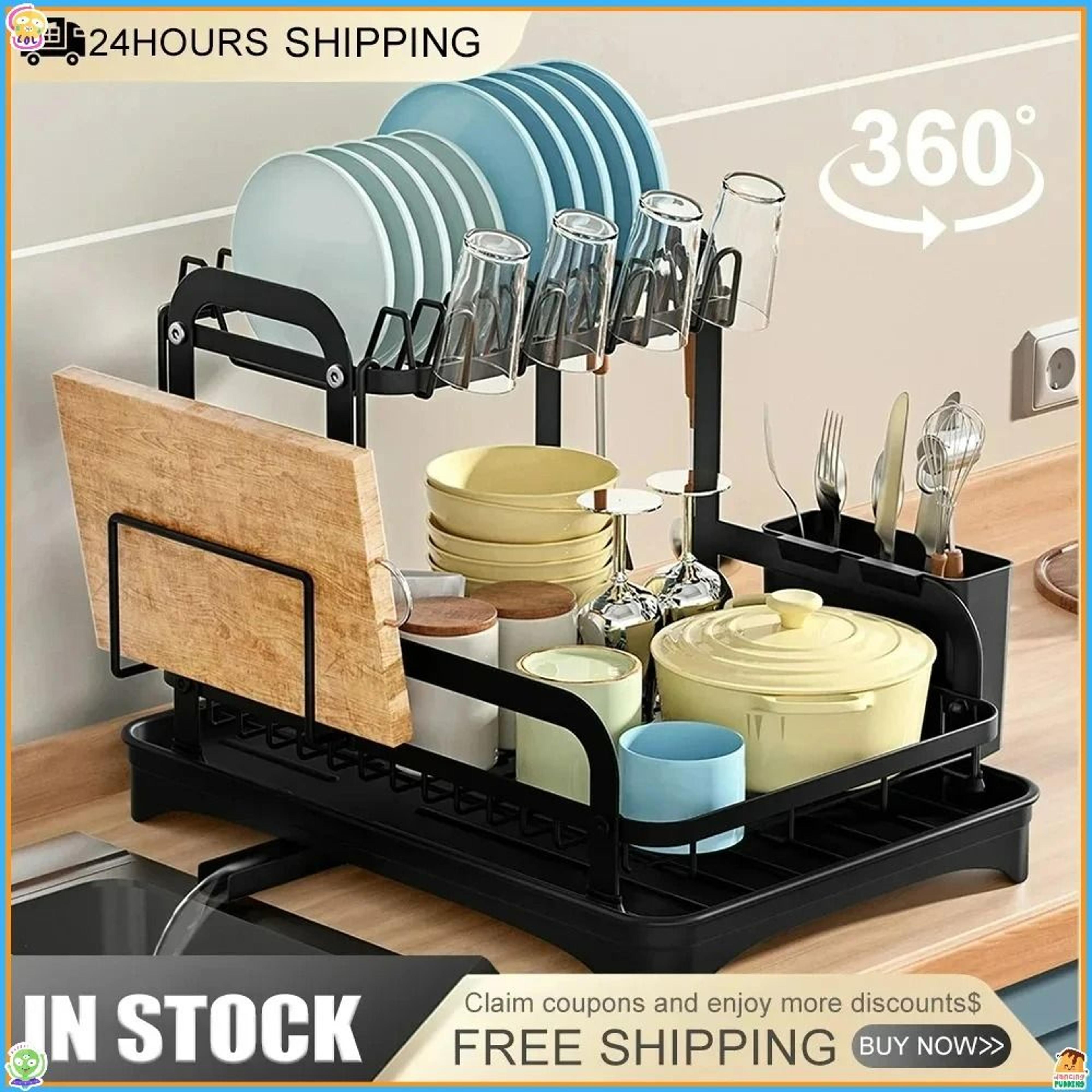 premium 2-tier dish drying rack - double-decker kitchen sink organizer with 360-degree retractable drainboard