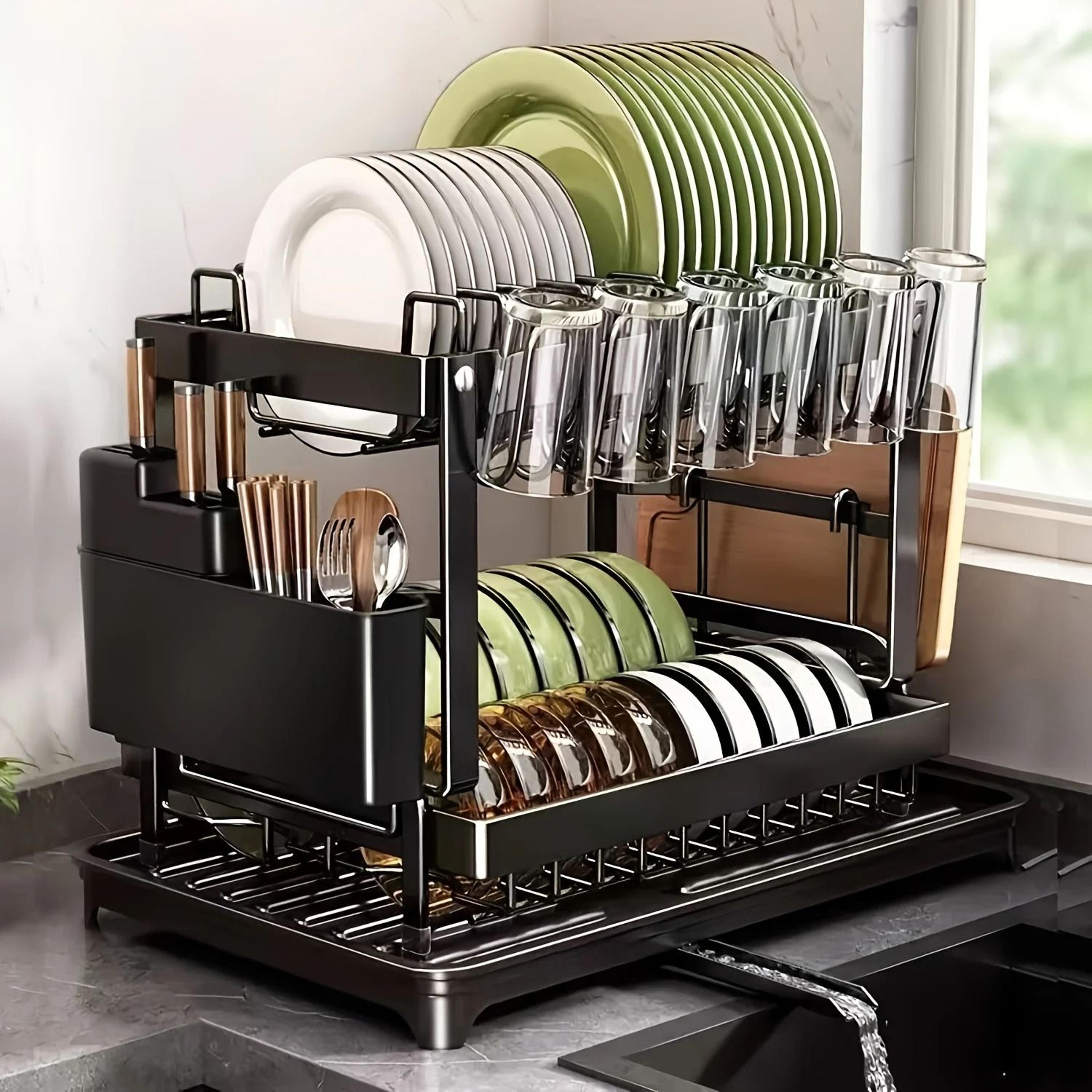 premium double-layer kitchen storage rack - large-capacity metal tableware stand & dish drainer station
