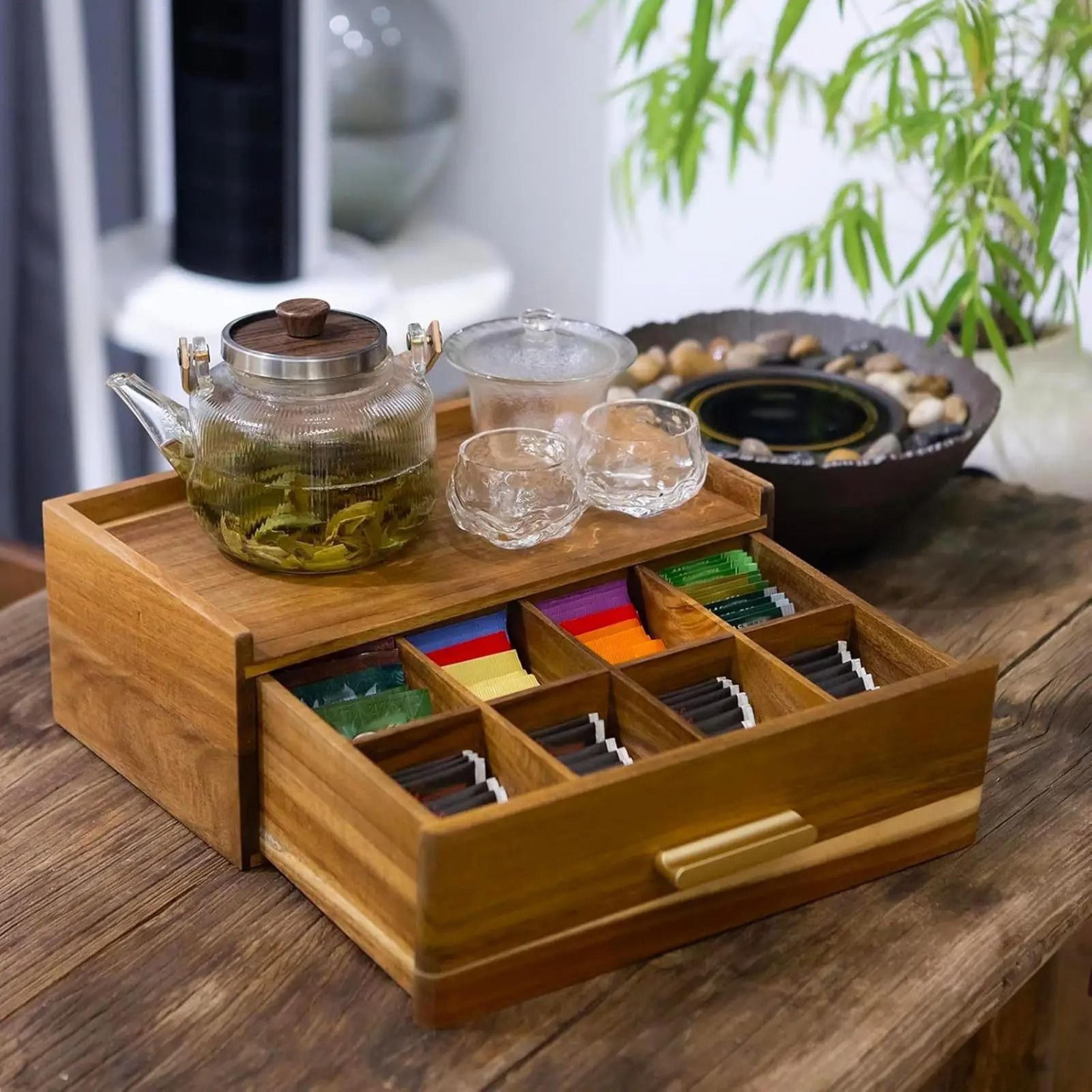 premium wood tea bag organizer & multi-compartment presentation box