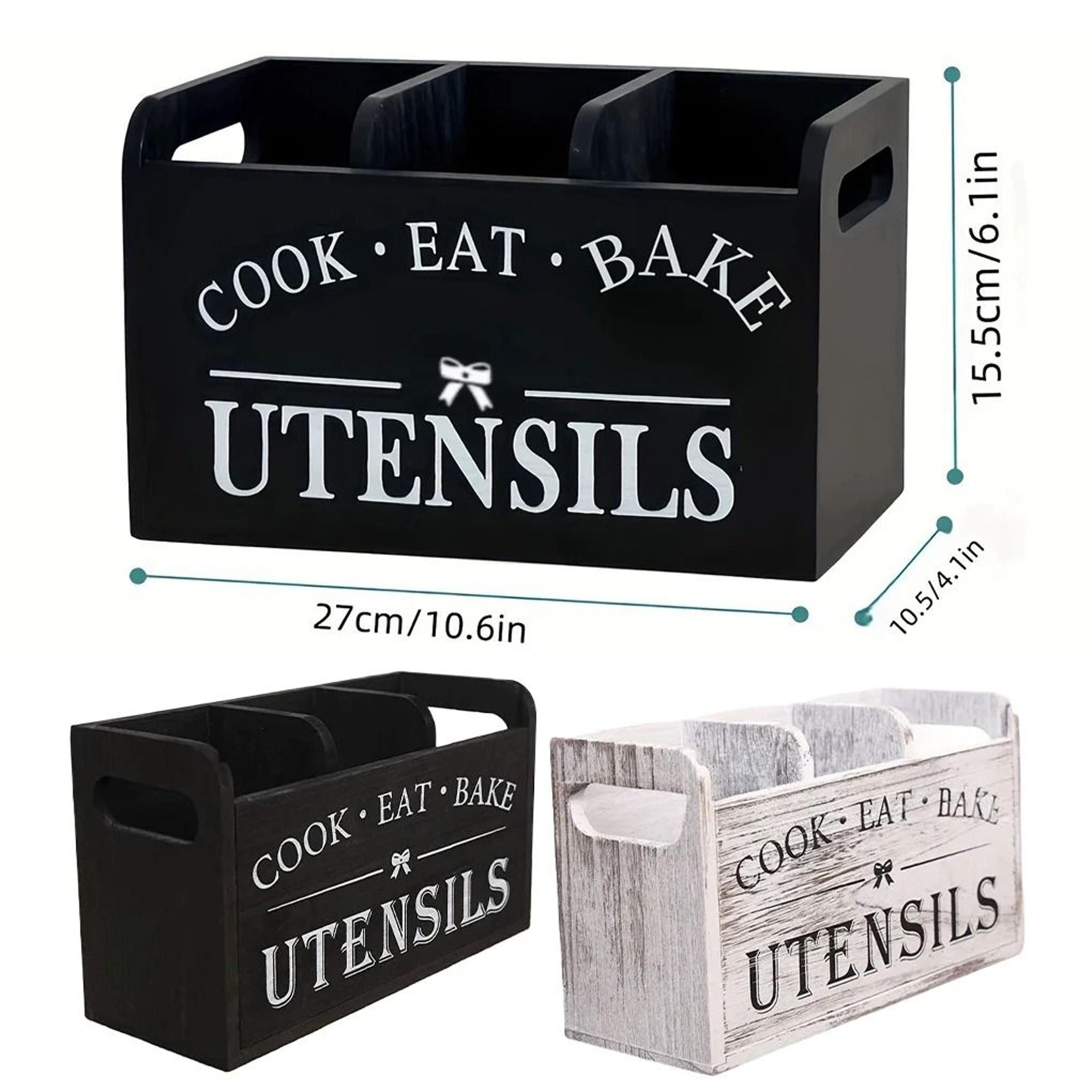 premium 3-compartment wooden kitchen utensil holder & tableware caddy