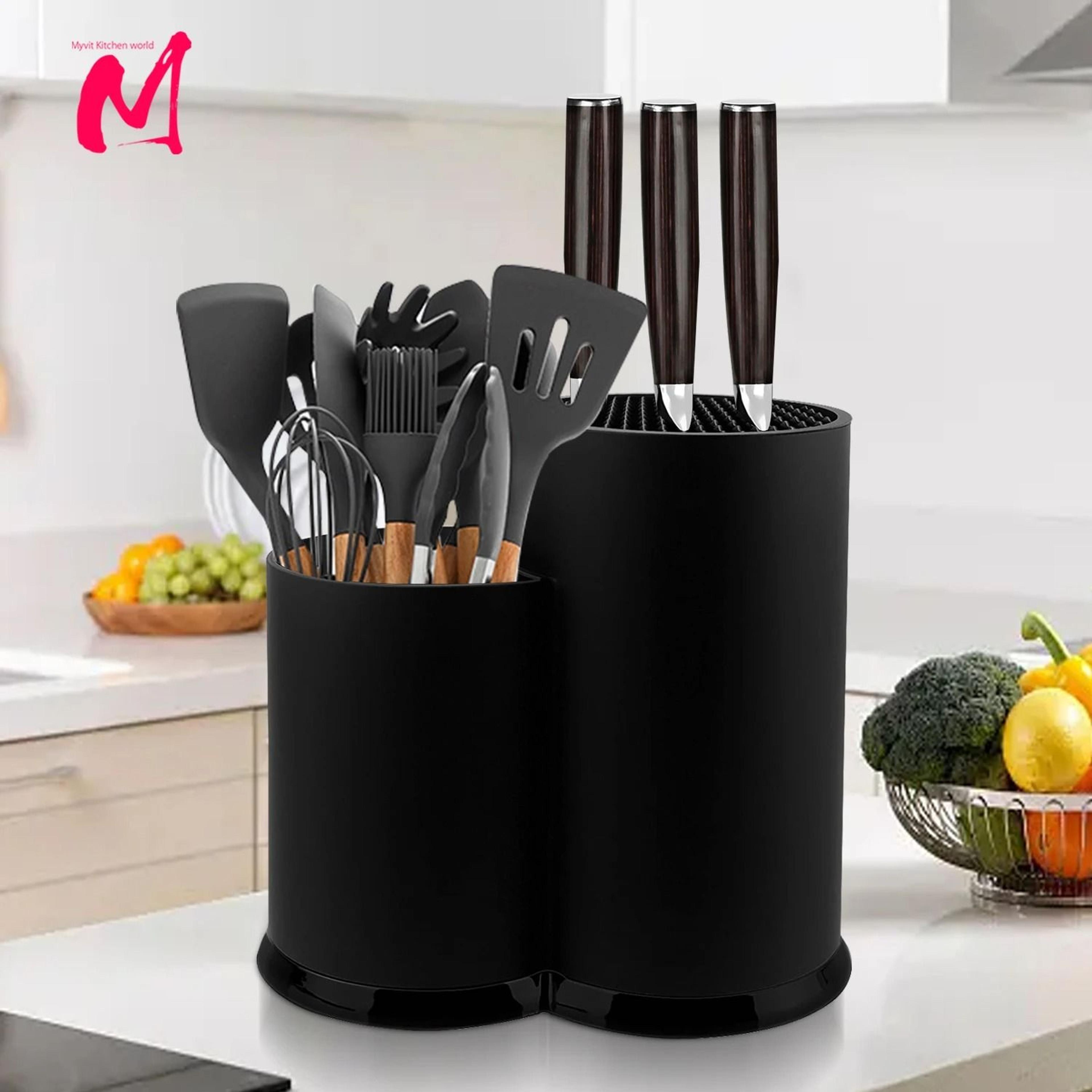 multi-function knife holder block & countertop utensil flatware drainer rack