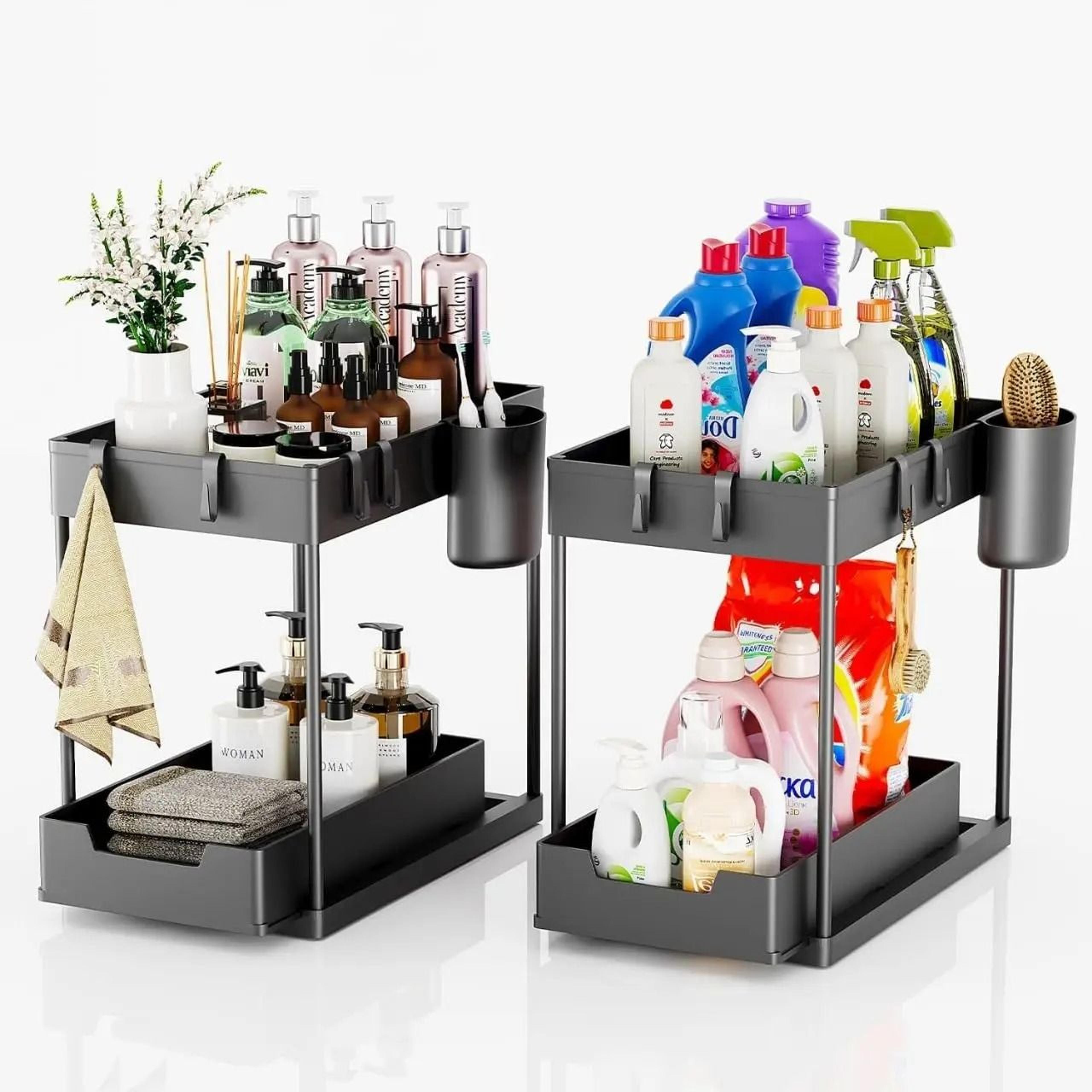 2-tier under-sink organizer & bathroom cabinet storage rack with hooks & hanging cup