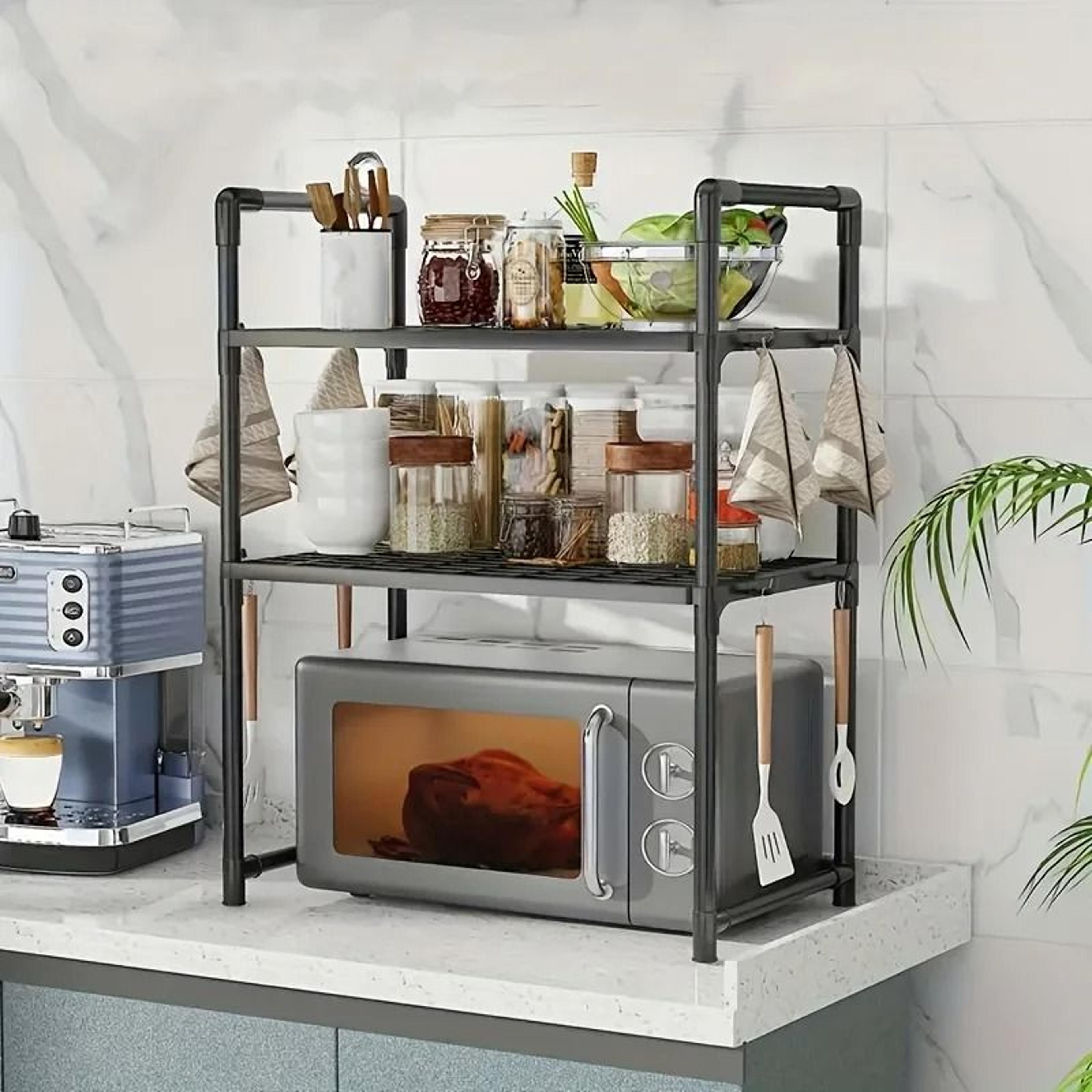 heavy-duty adjustable microwave stand - stackable & foldable telescopic countertop storage rack