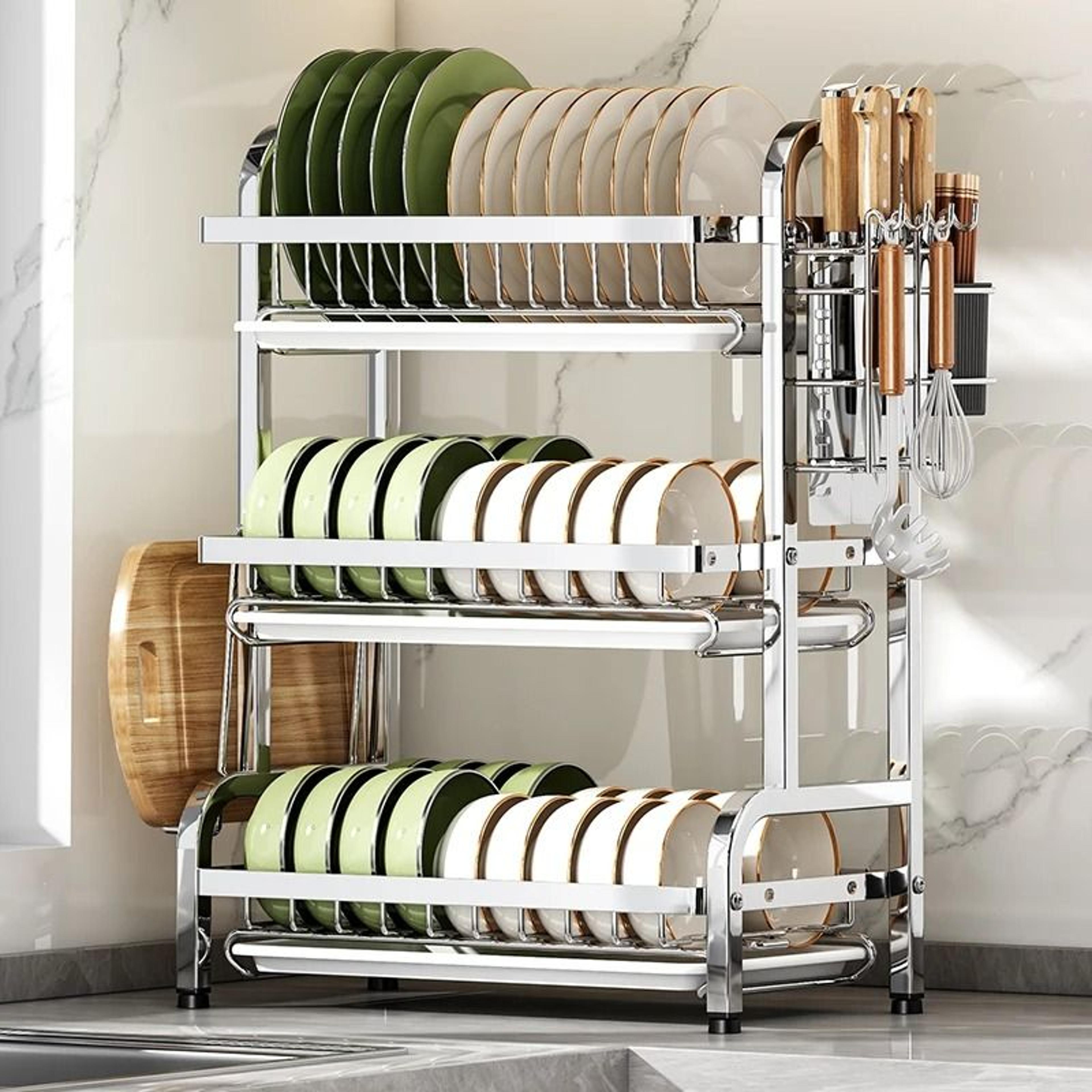 stainless steel dish dryer rack – compact kitchen drainage organizer with utensils holder