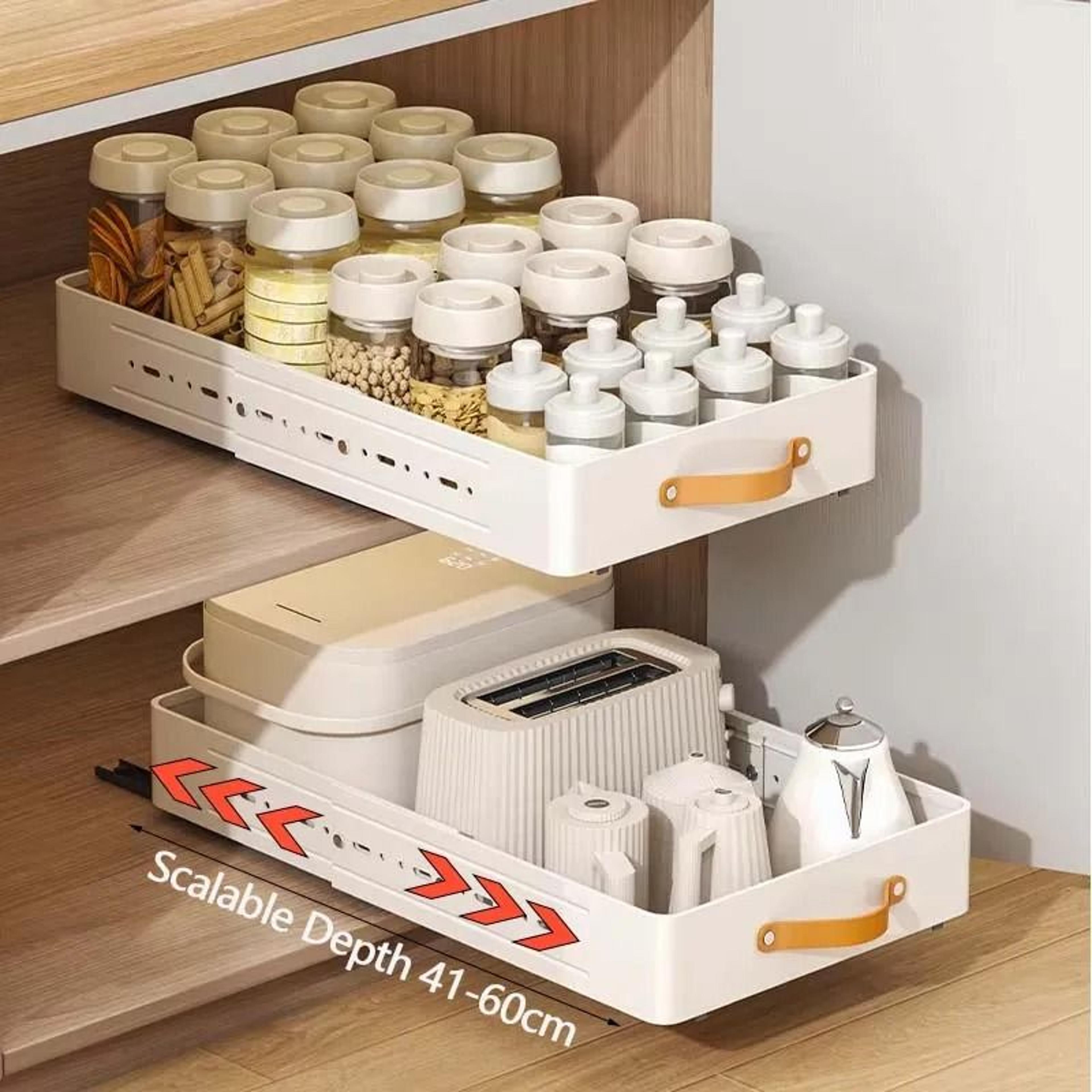 scalable kitchen storage shelf organizer with slide pull-out drawer tray