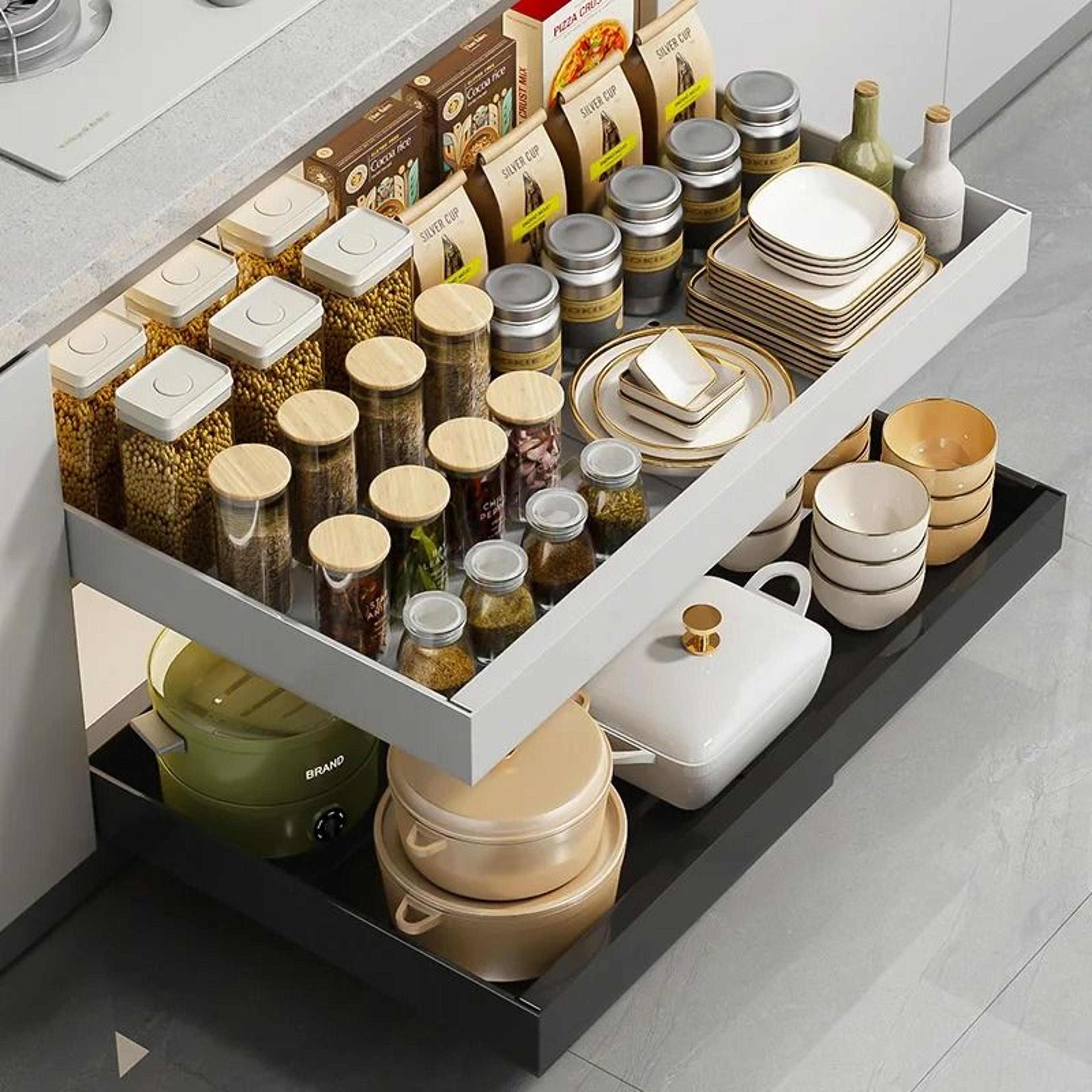 heavy-duty expandable pull-out metal cabinet organizer and sliding roll-out drawer