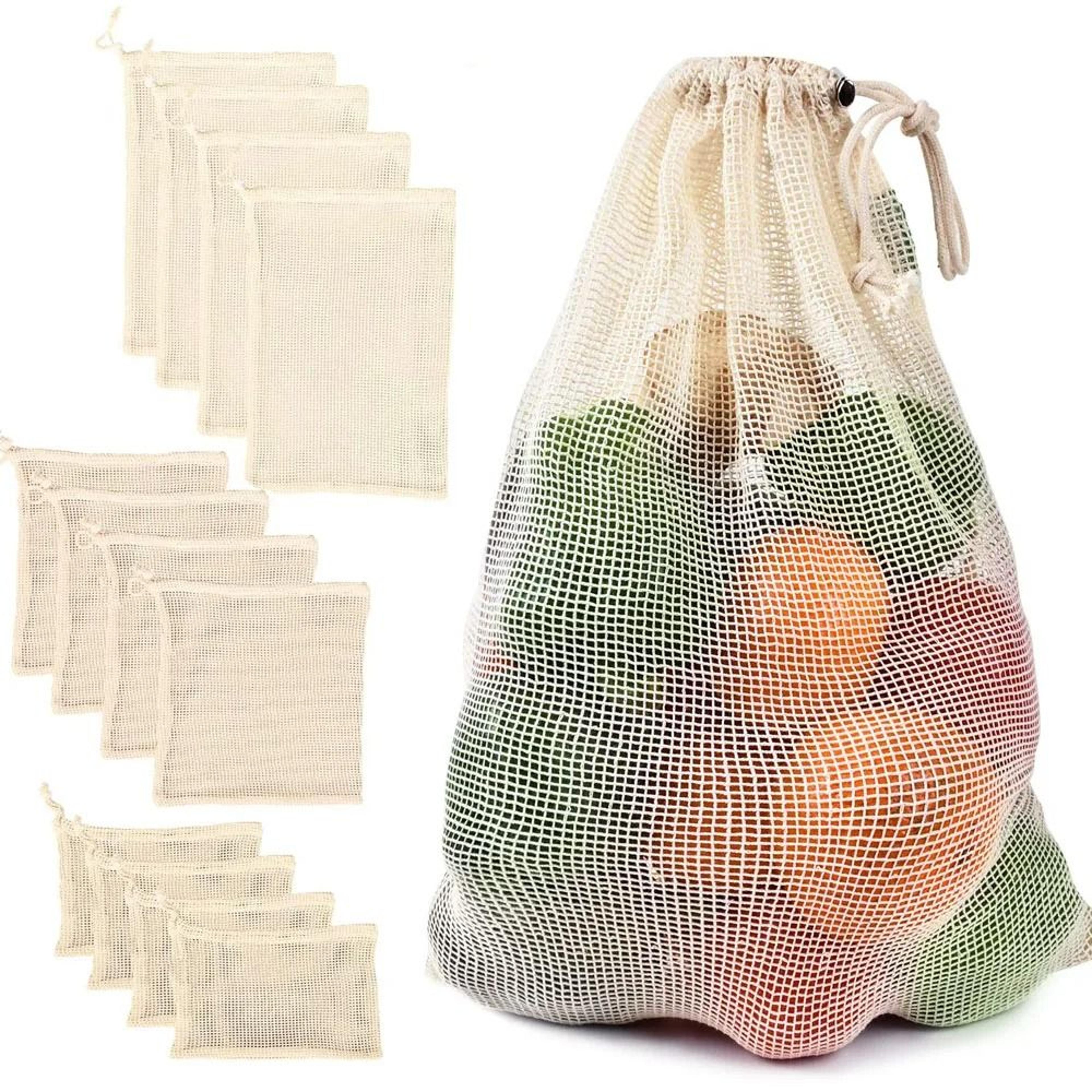 reusable cotton mesh vegetable and produce storage bag with drawstring