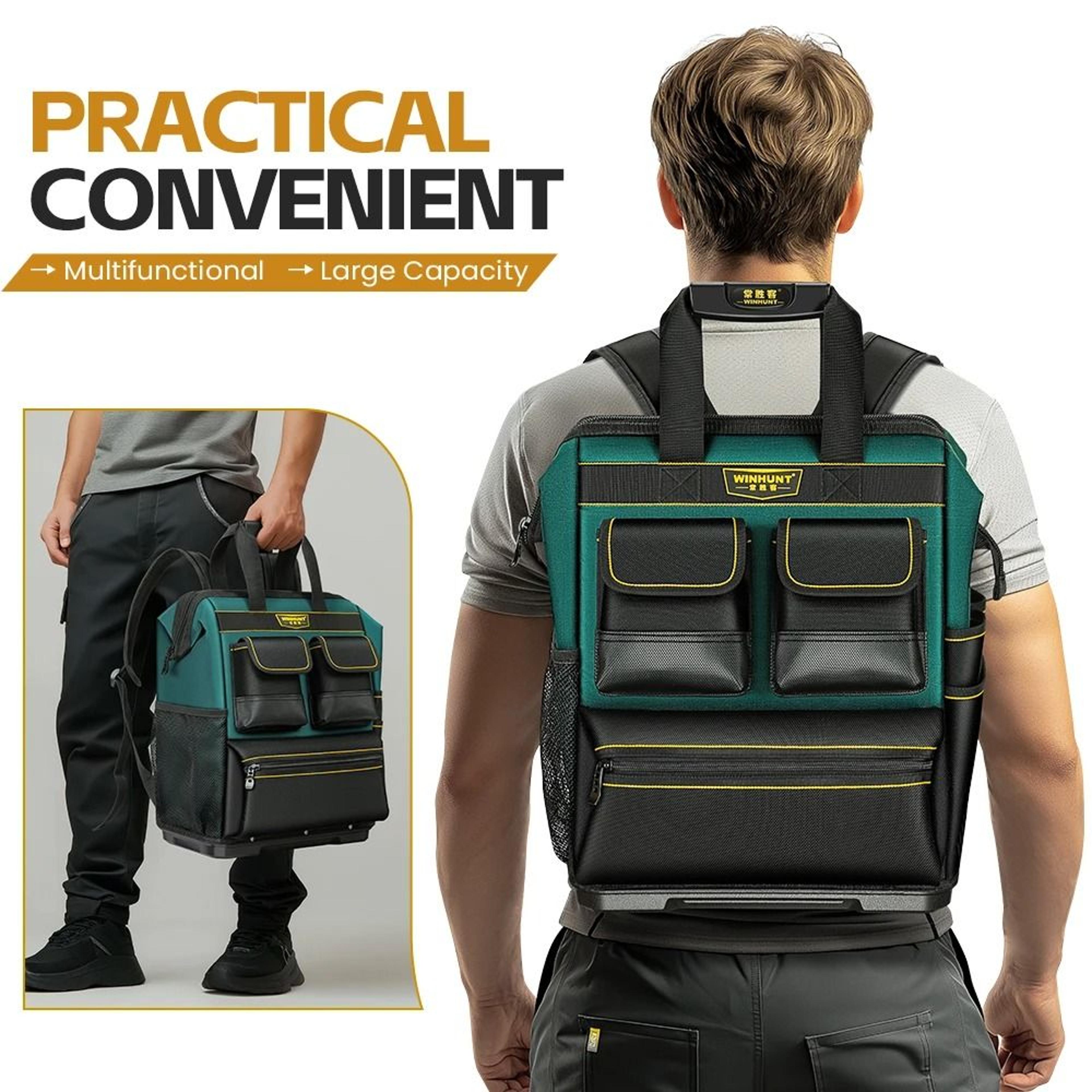 heavy-duty multi-pocket tool storage backpack with solid rubber base