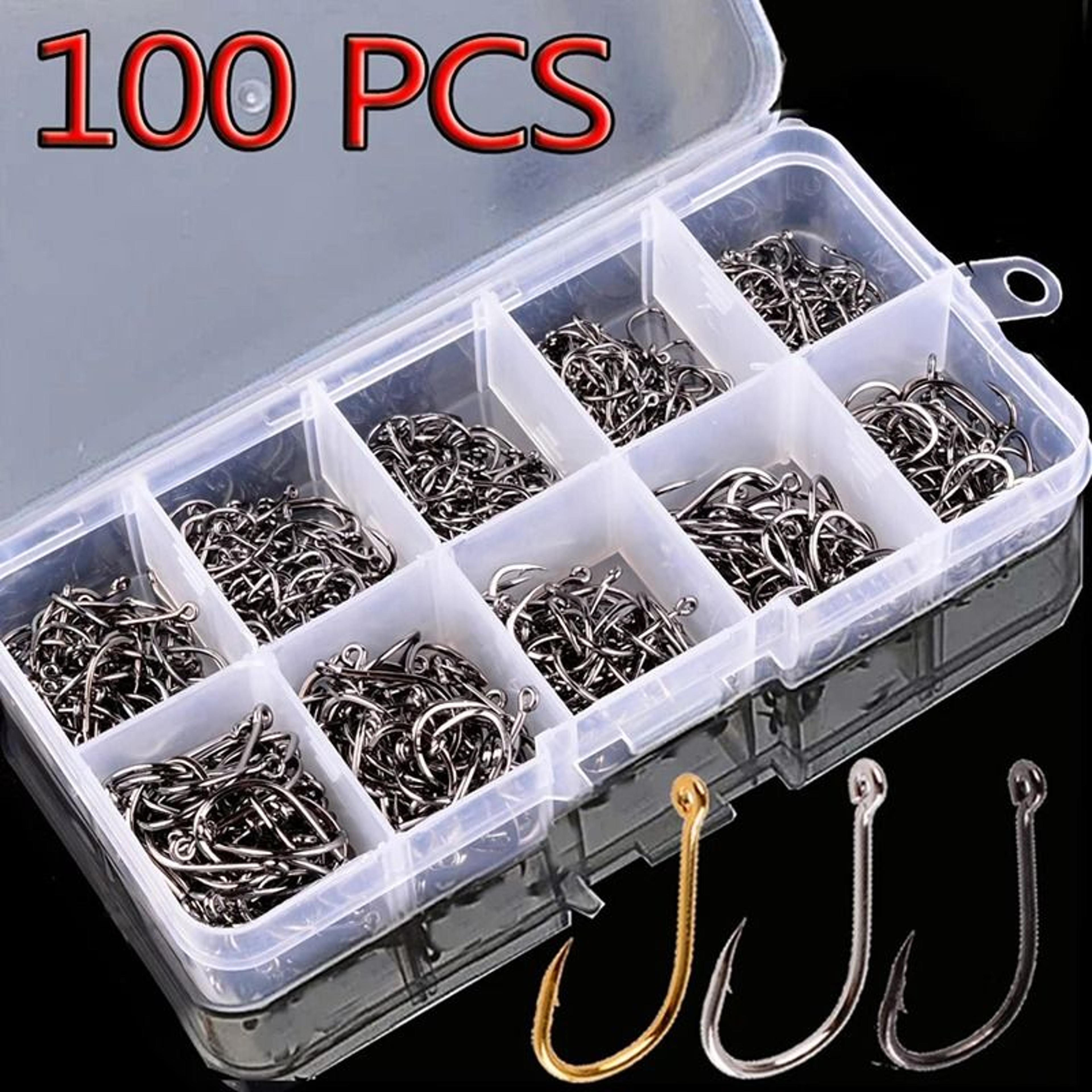 100-piece high-carbon steel barbed fishing hooks assortment set