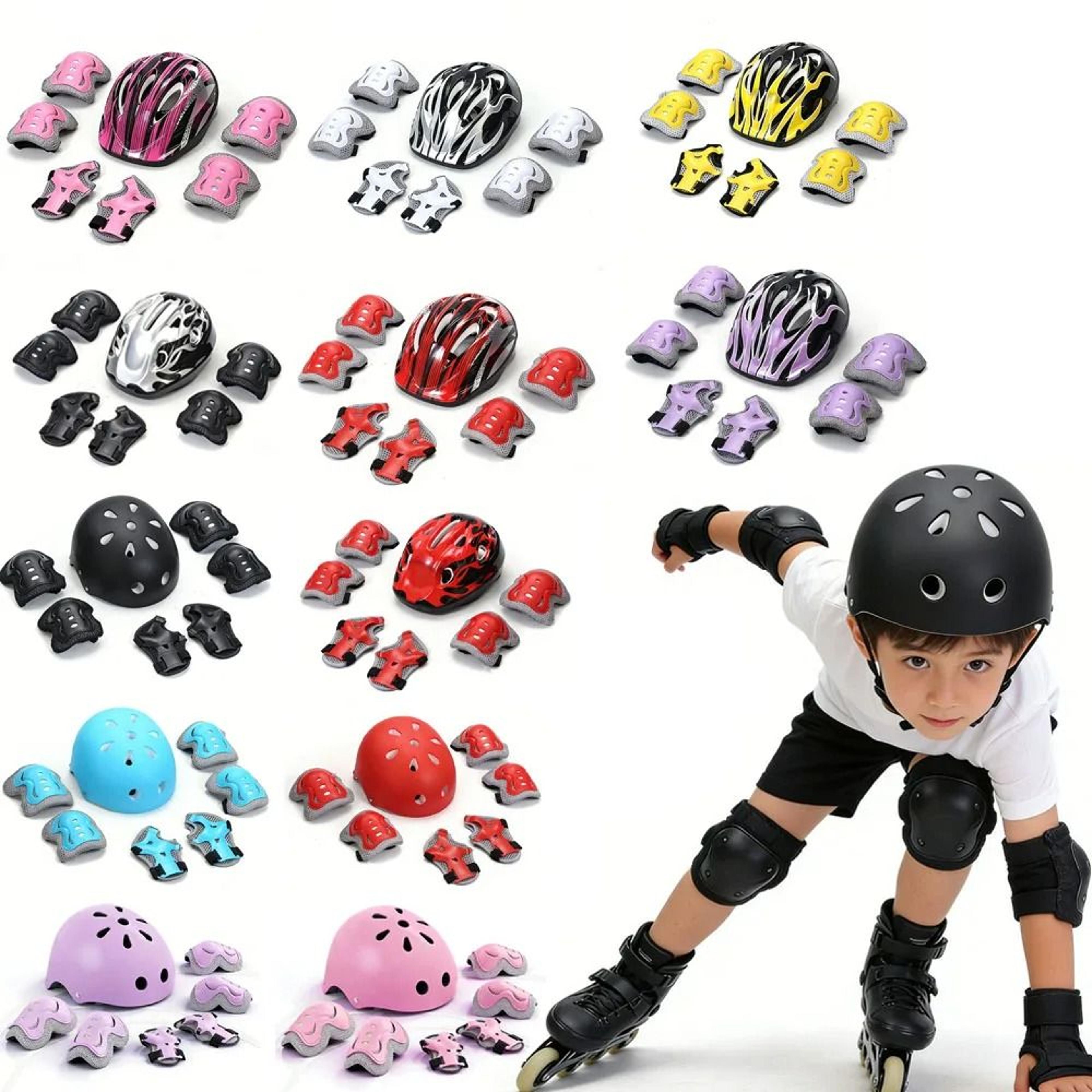kid skating protective gear set with skateboard helmet and pads