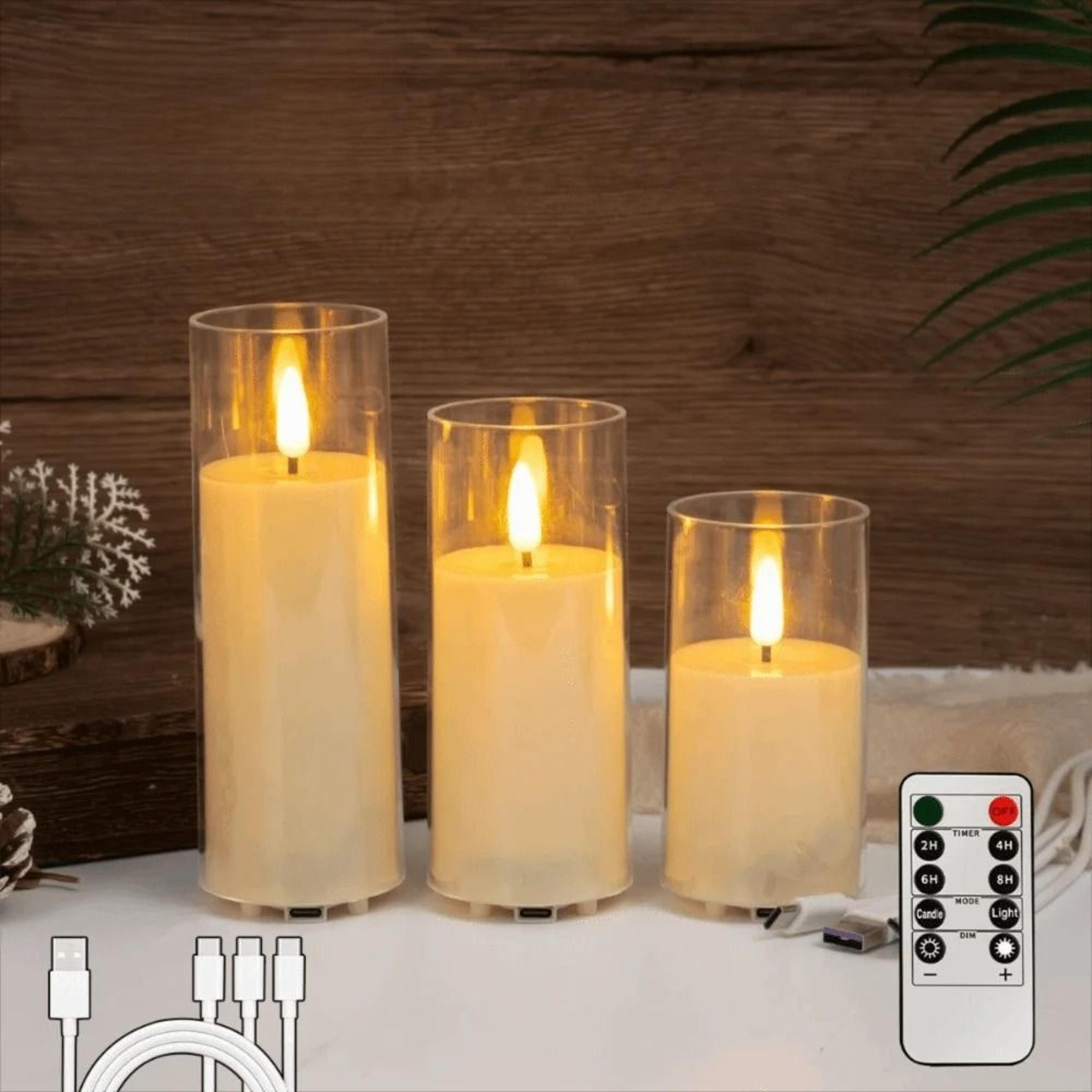 rechargeable led flameless candle with remote control swinging flame clear shell for home decor