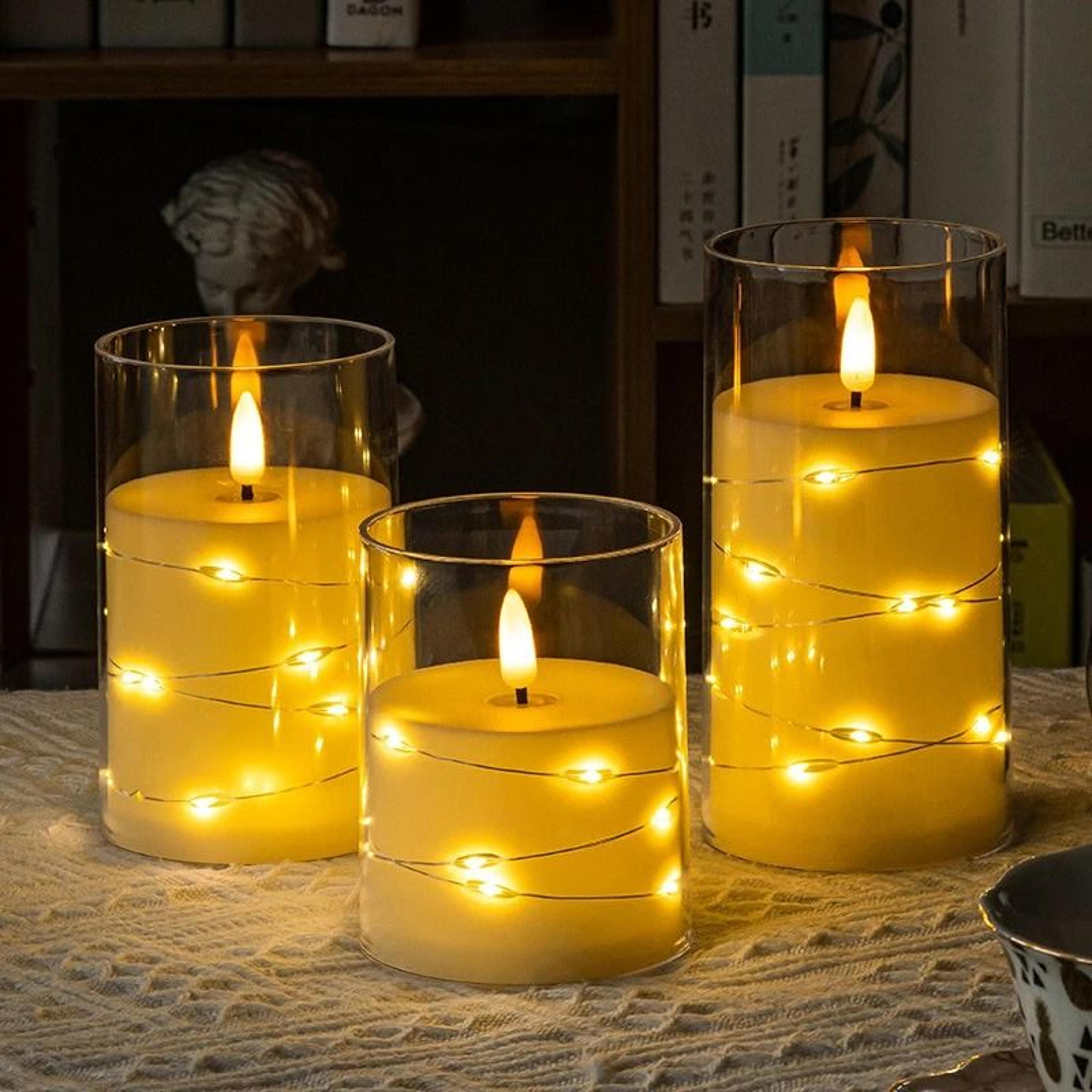 flameless led candle with star string light fairy lights battery flickering lamp for wedding camping decor