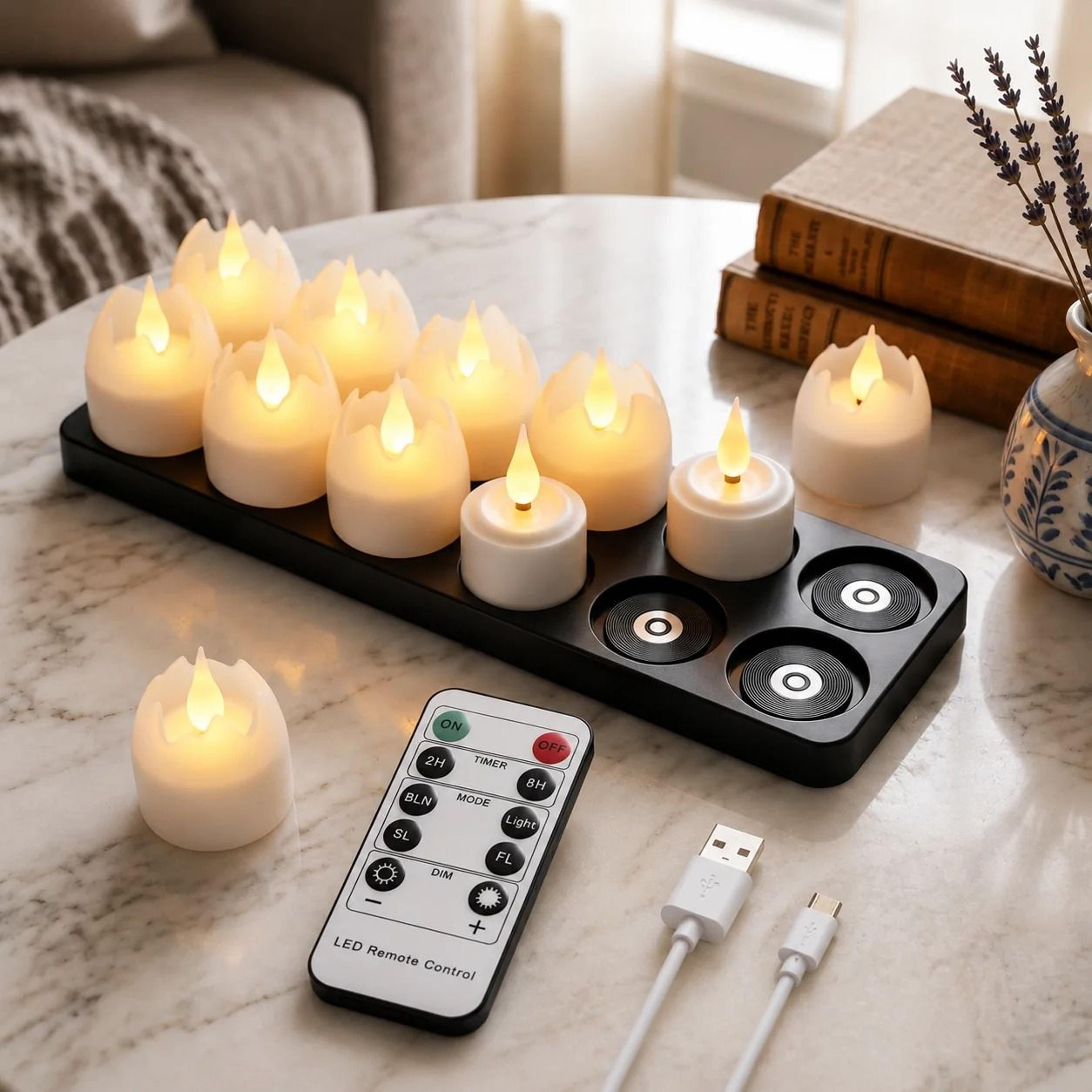 rechargeable magnetic led flameless tea lights with charging base remote control dimmable candles for tabletop