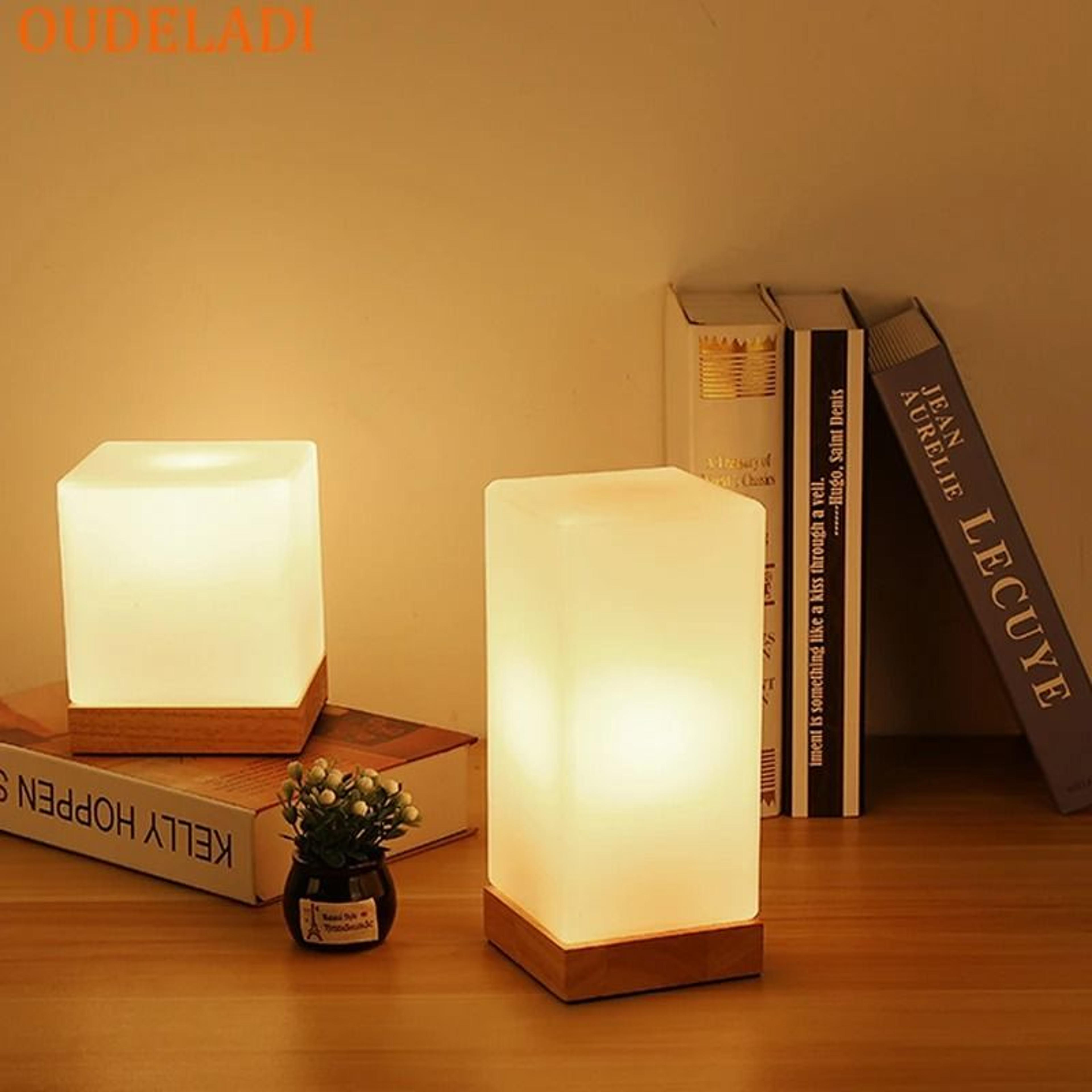 oudeladi solid wood glass led bedside table lamp warm night light for bedroom