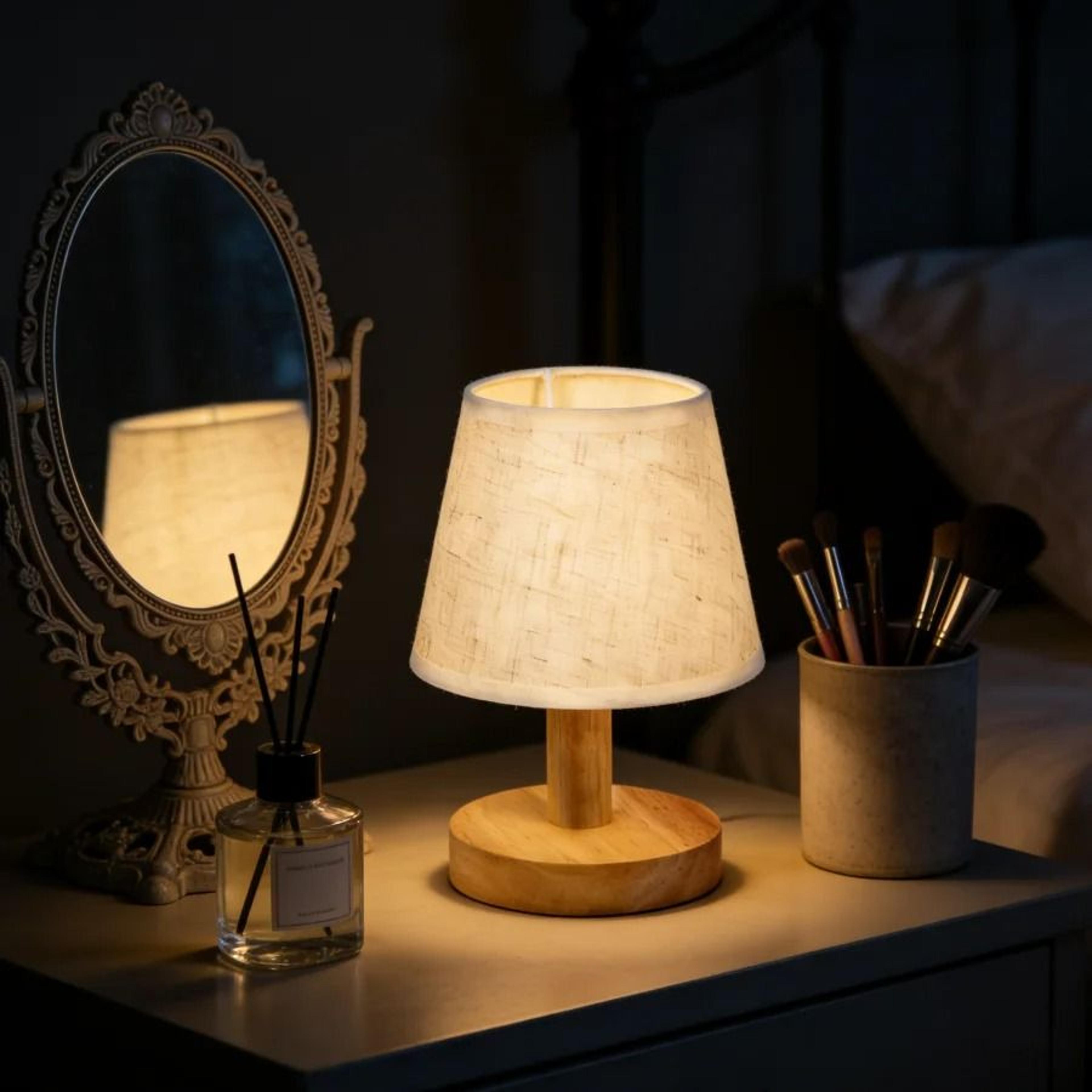 minimalist wooden led table lamp with round base linen shade night light for bedroom