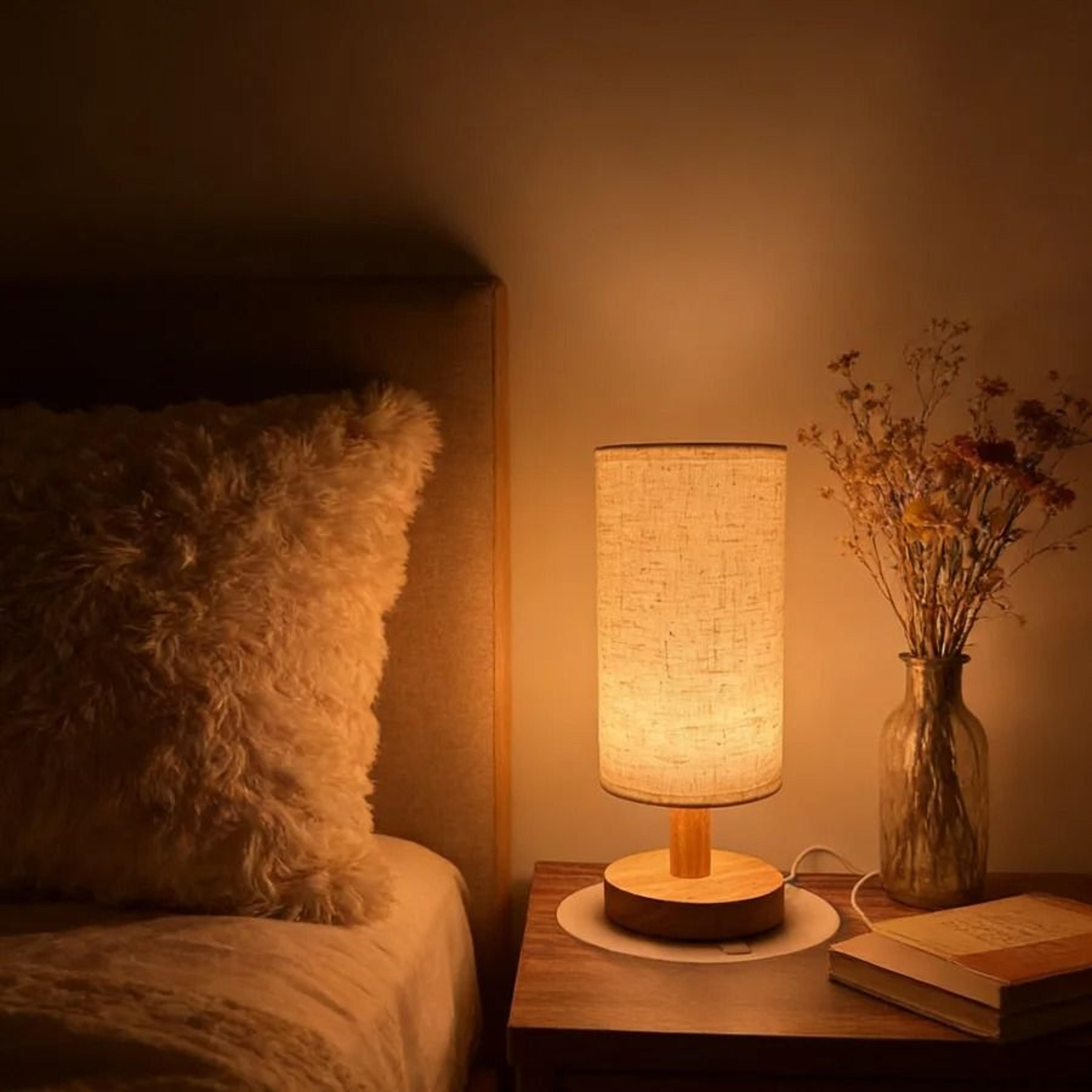 cozy wooden bedside table lamp linen shade usb warm glow led night light for bedroom decor