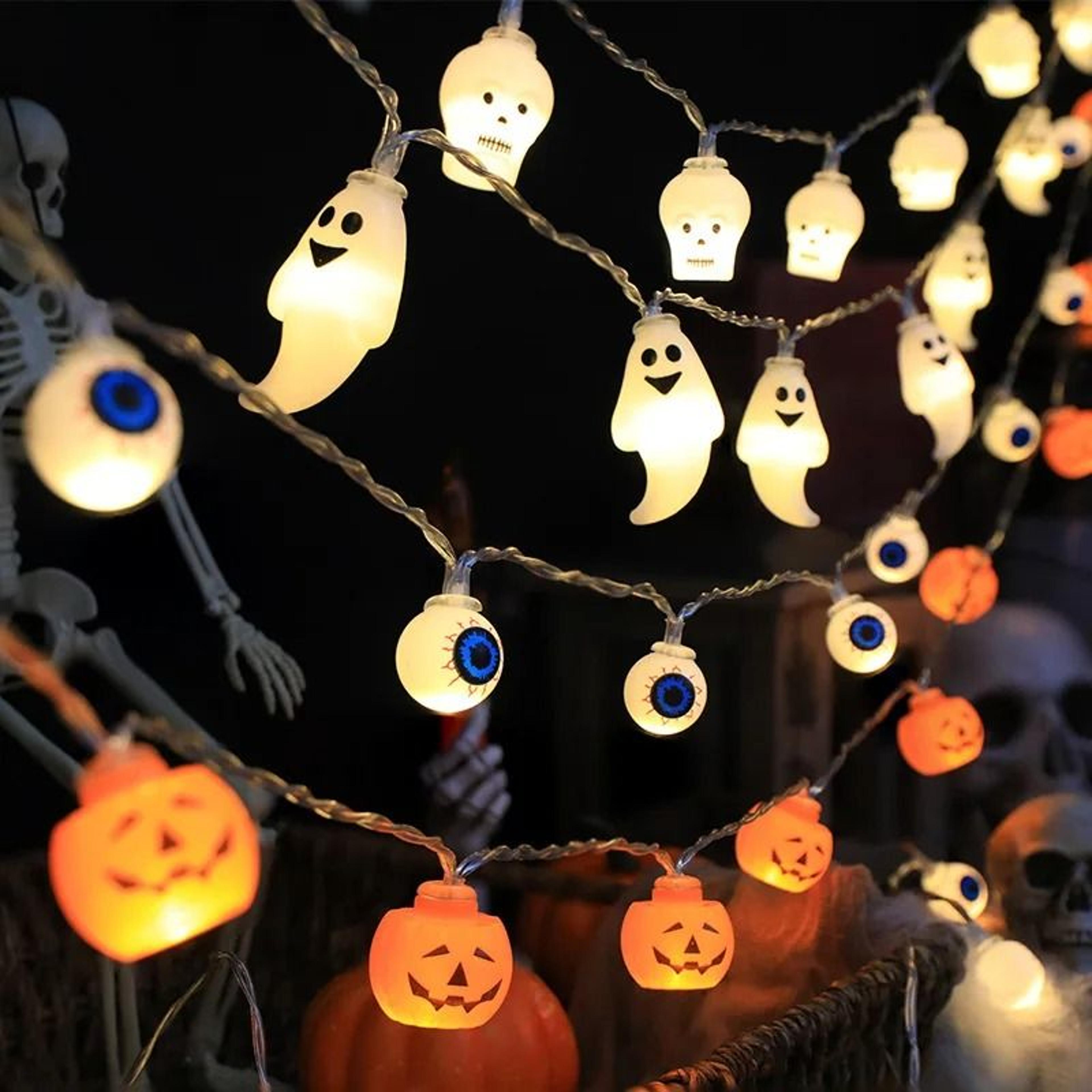 halloween led string lights with pumpkin, skull & eyeball shaped lamps