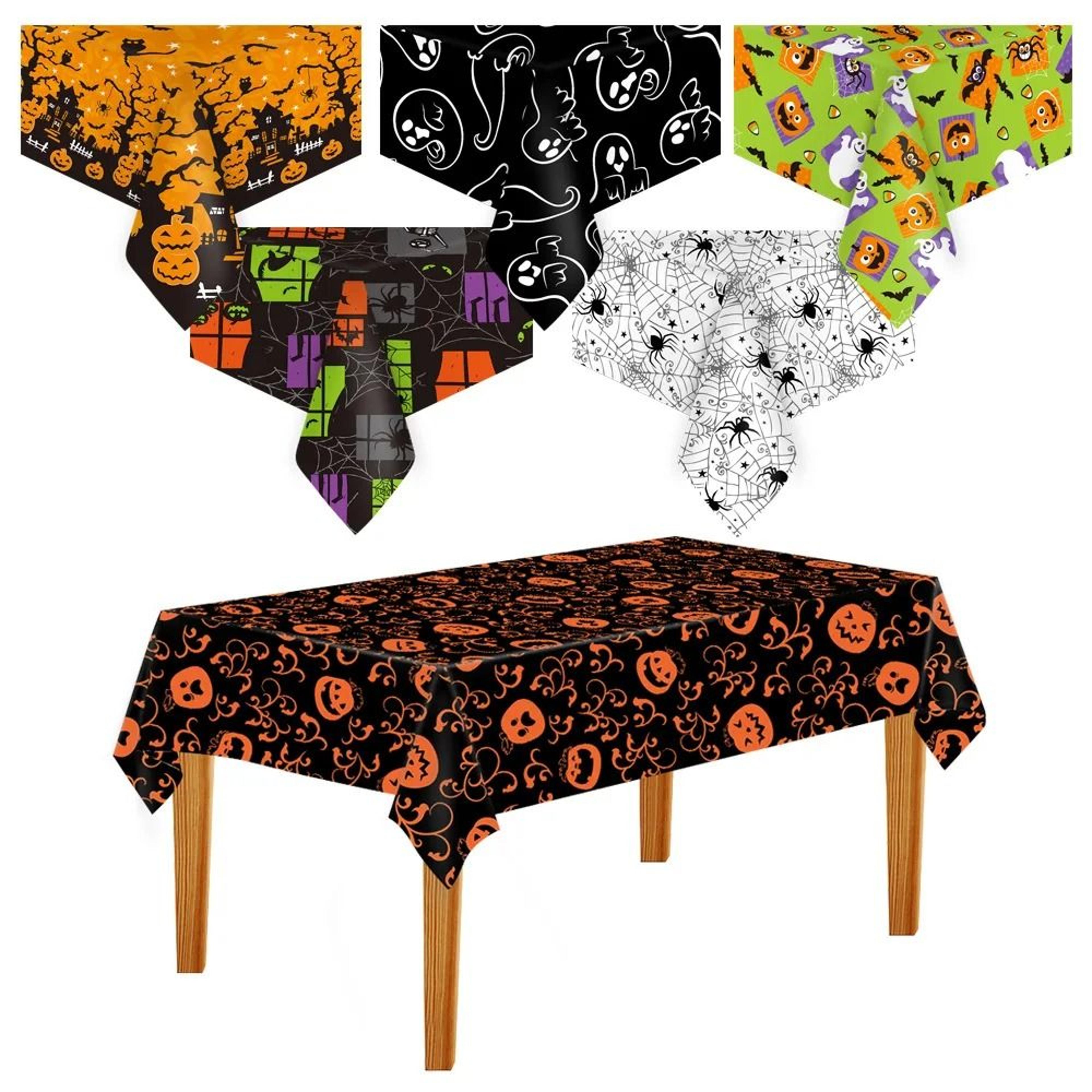 halloween plastic tablecloth with pumpkin, spider web & bat graphics