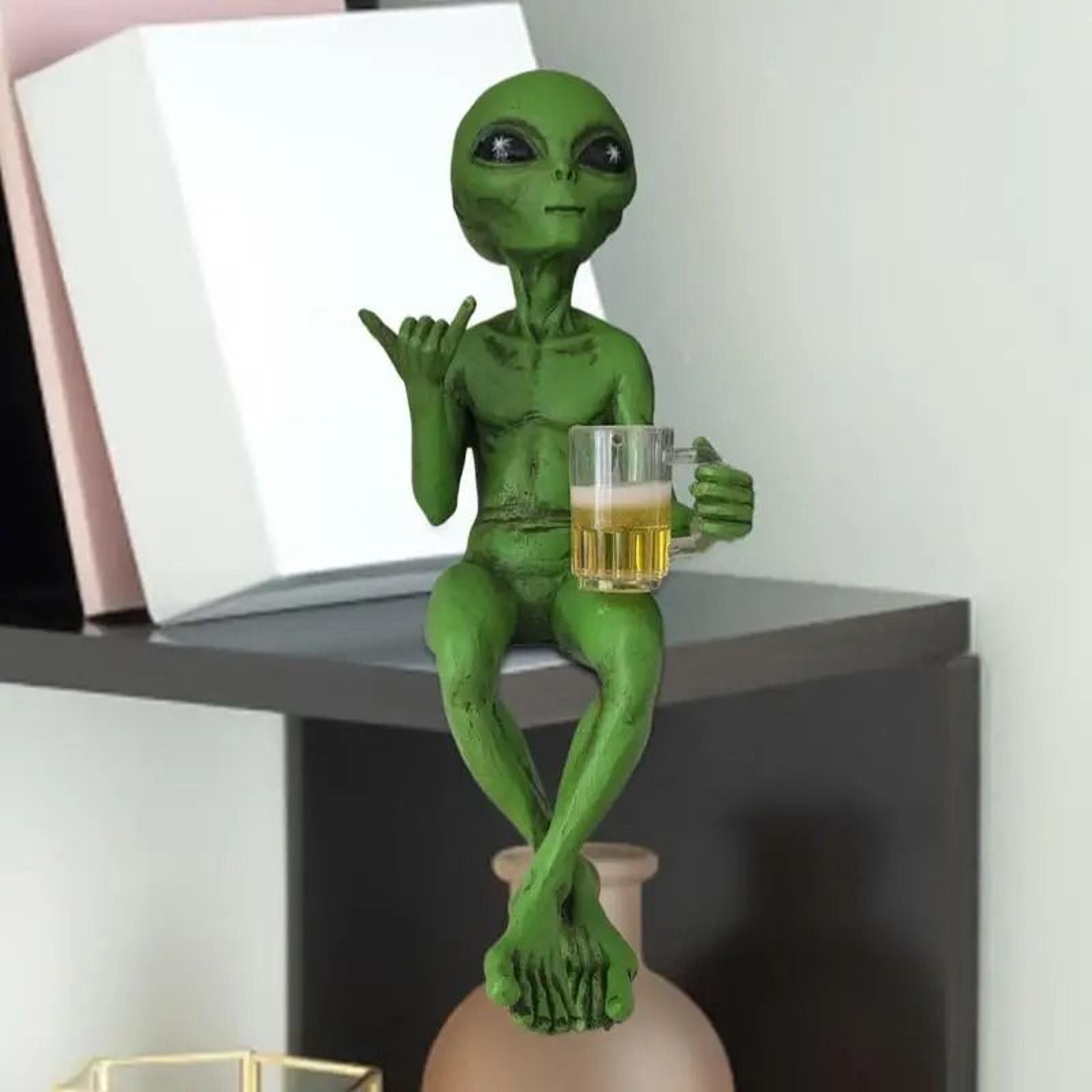 beer drinking alien statue resin novelty collectible desktop decoration for home garden desk