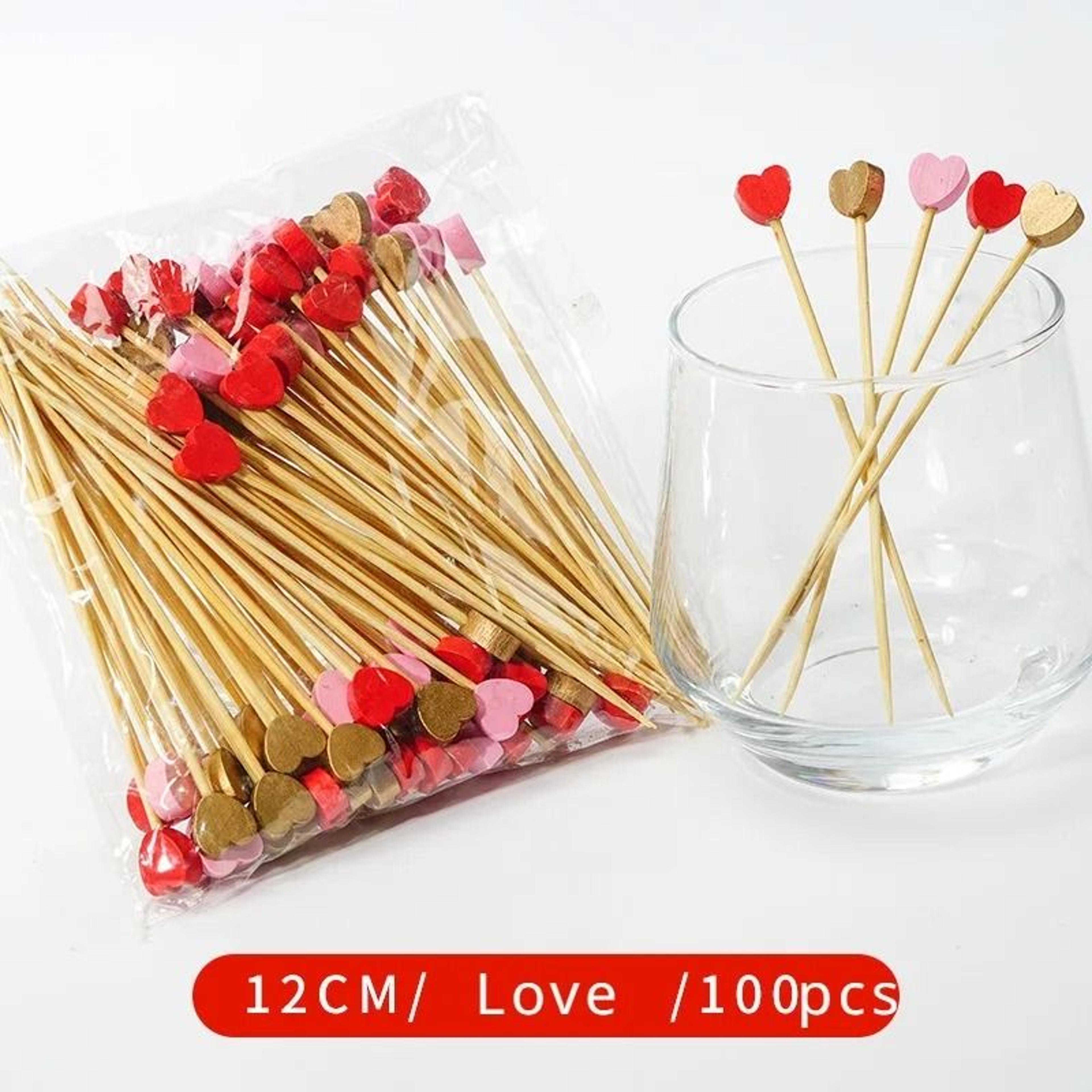 red heart bamboo fruit skewers disposable cocktail picks valentine's day & wedding party decor