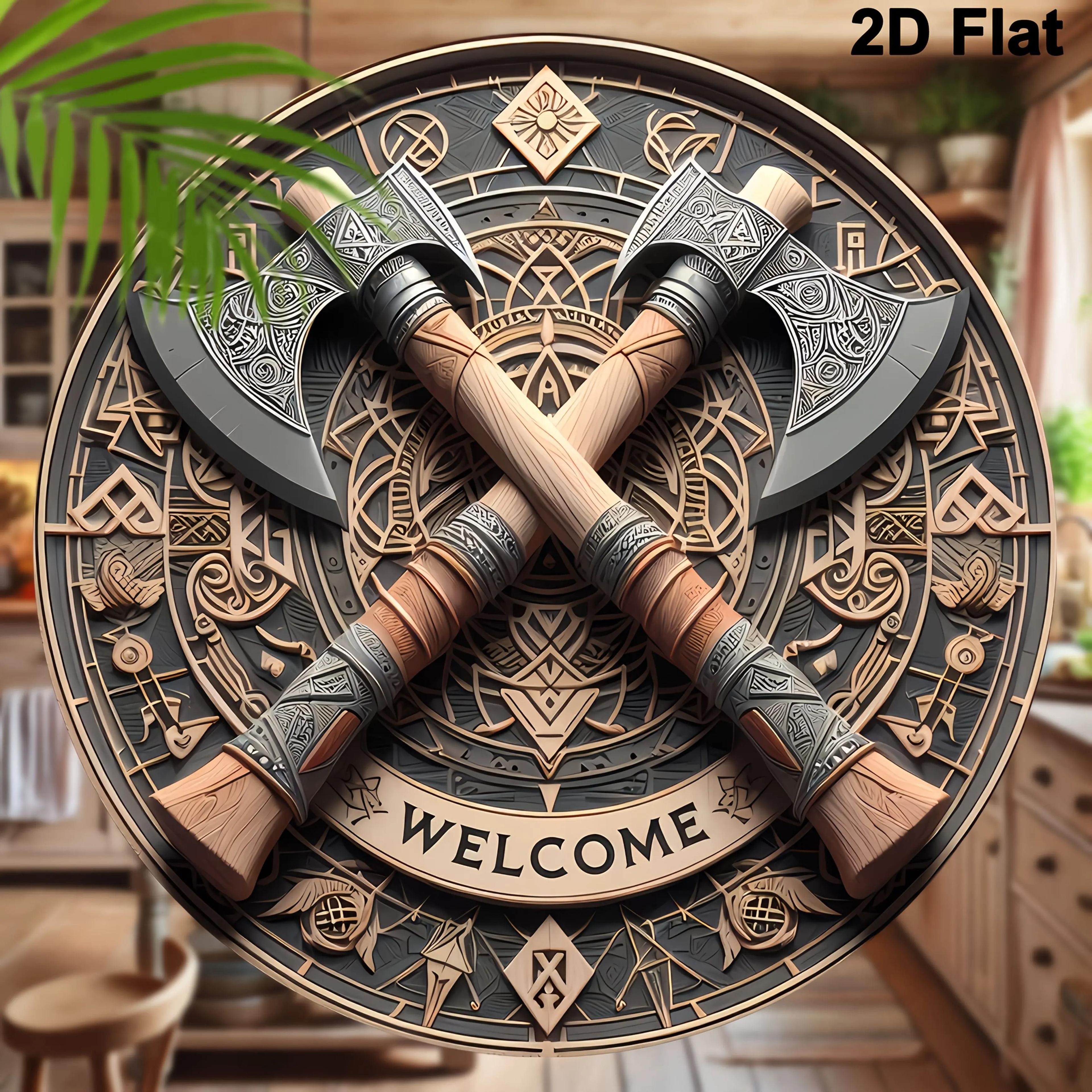 viking axe welcome sign 8x8 inch round wooden wall hanging decor for home & porch