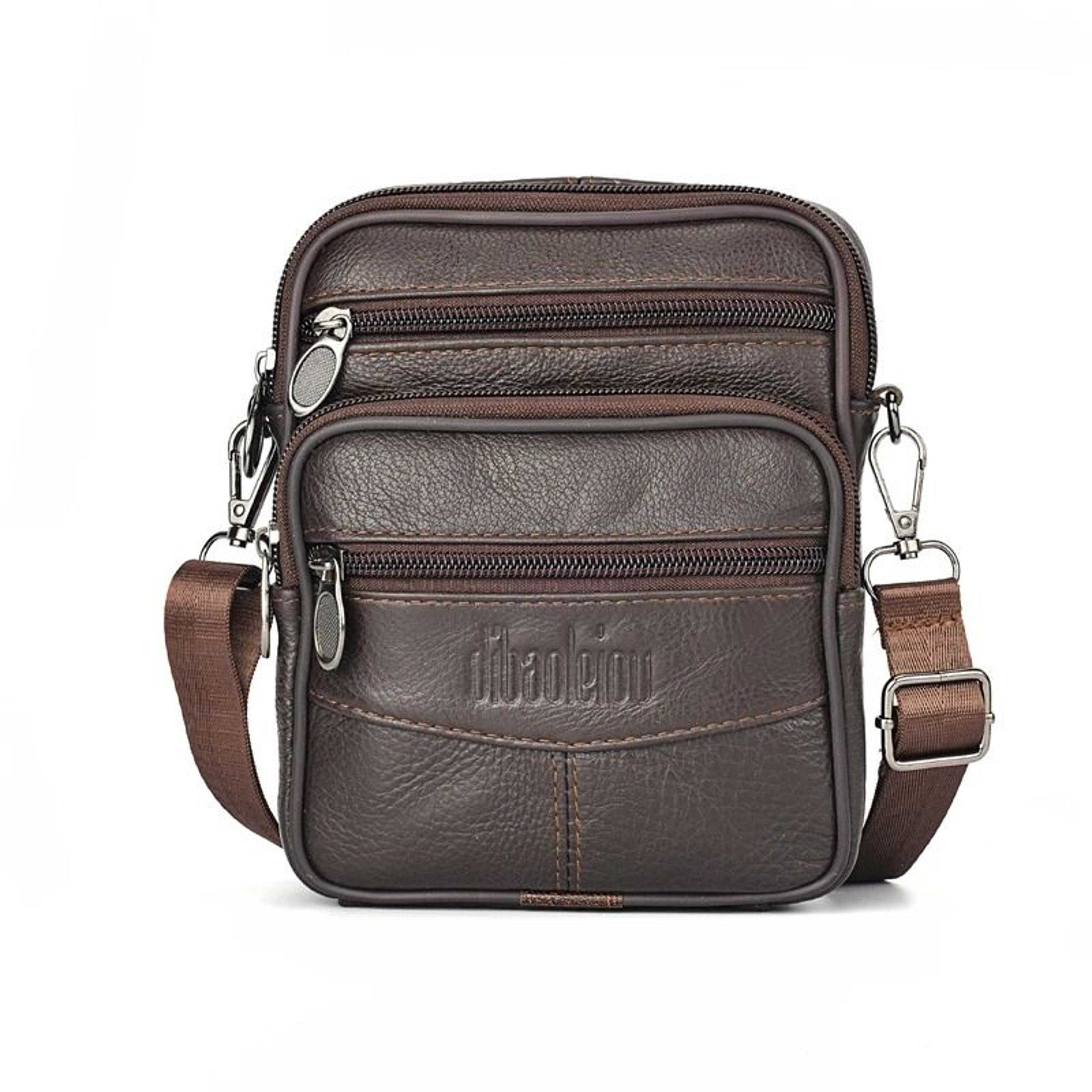 mens genuine leather retro business crossbody messenger bag with multi-zipper pockets