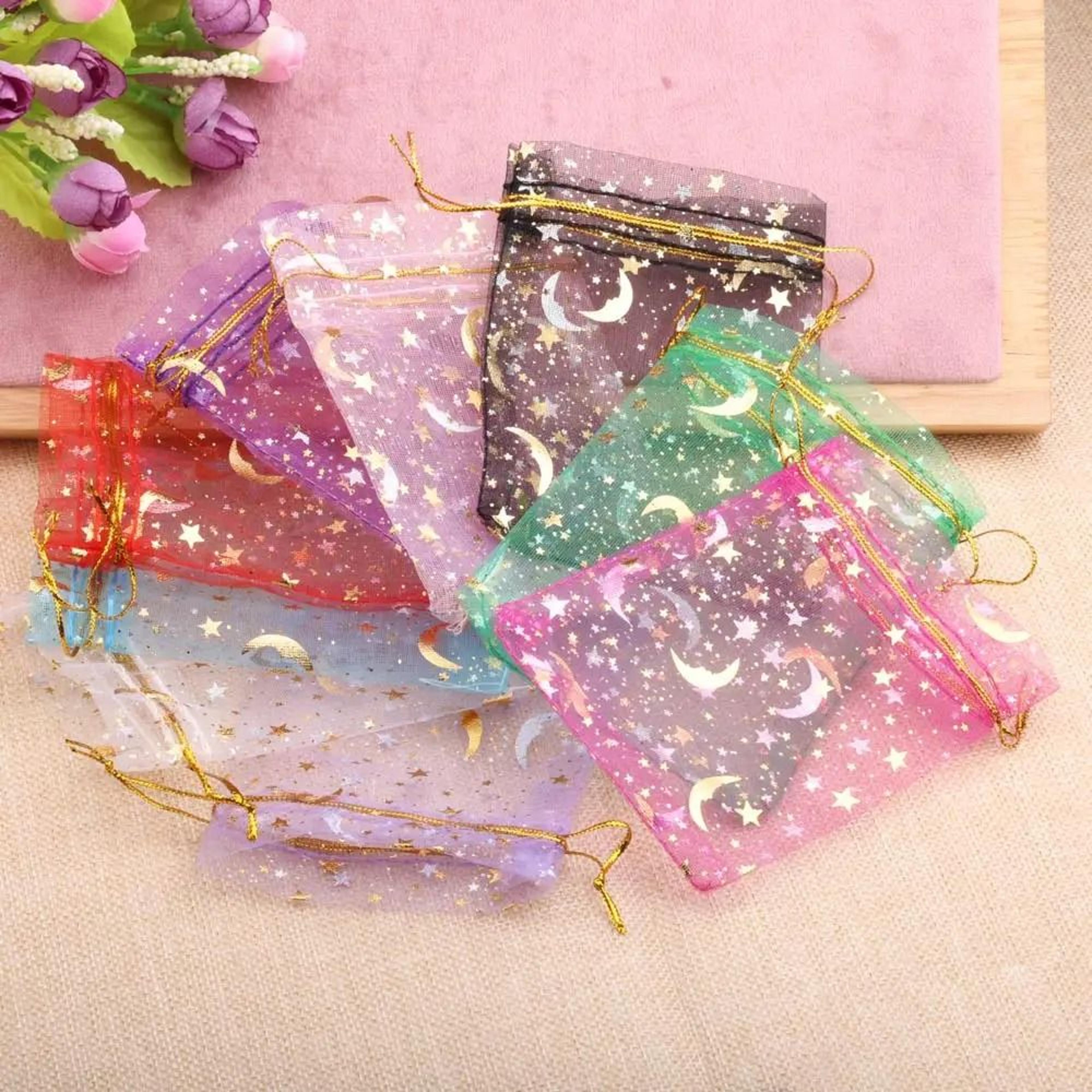 gold star moon organza gift drawstring bags for jewelry & wedding favors