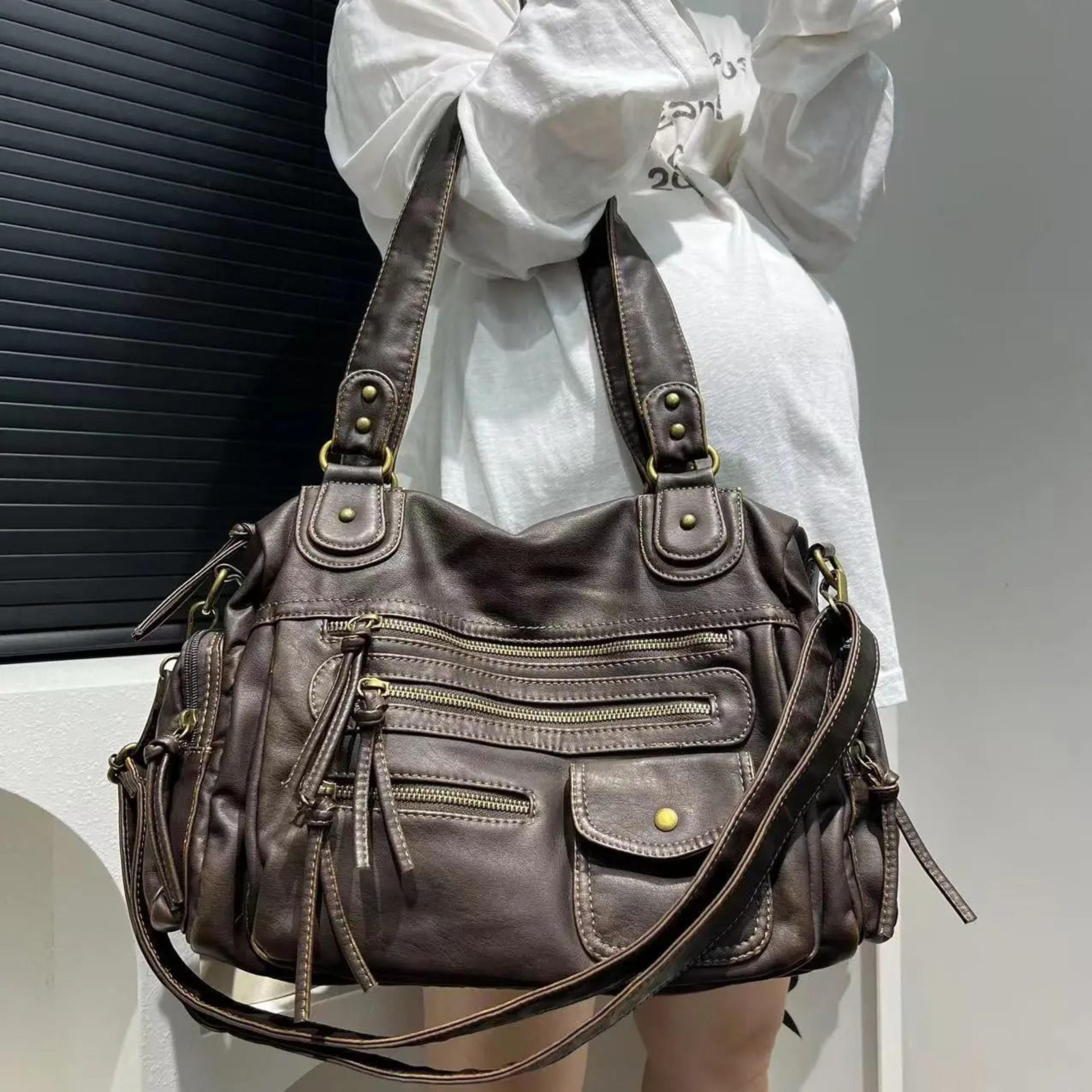 women's y2k vintage washed leather motorcycle shoulder & crossbody bag