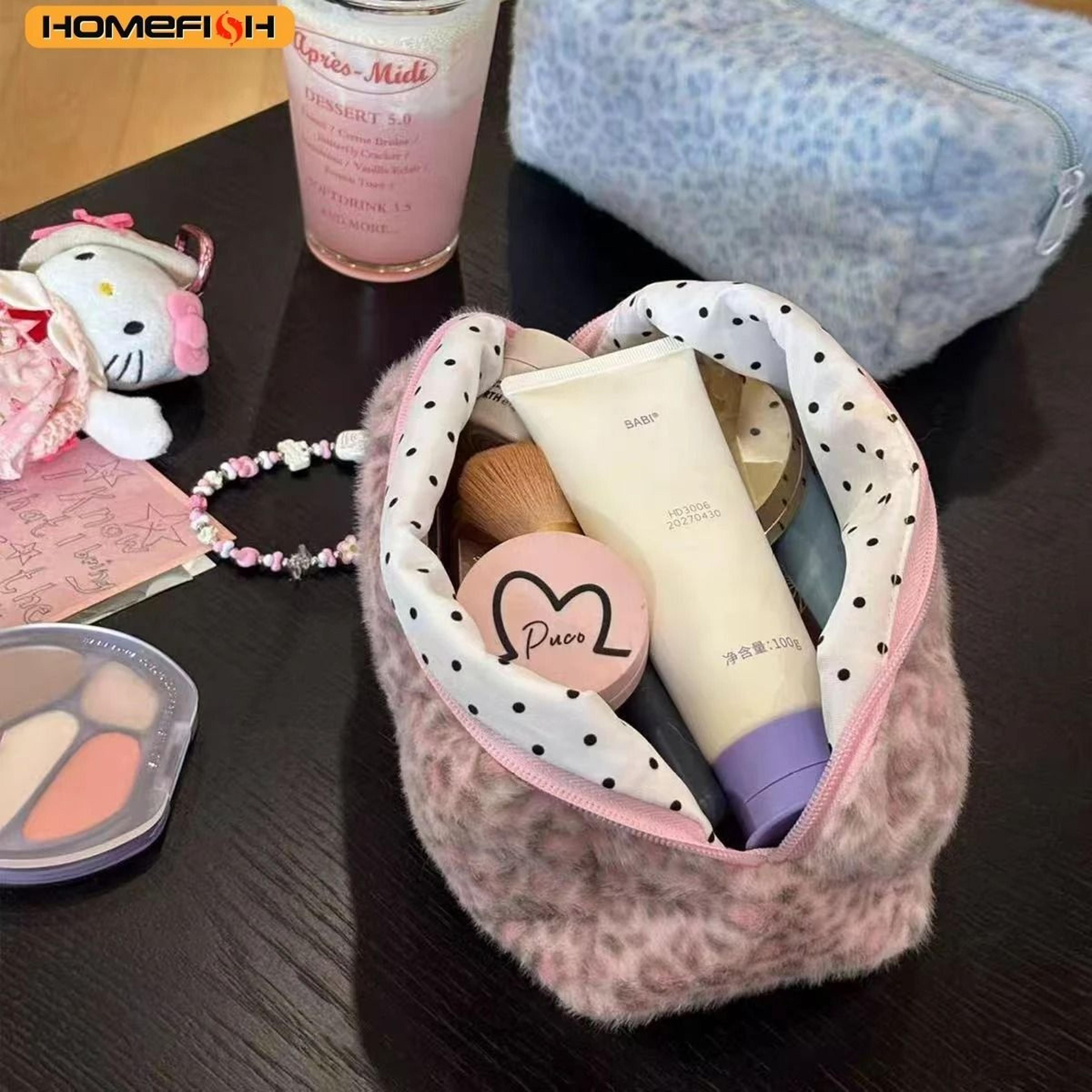 homefish plush fuzzy leopard print makeup bag large capacity cosmetic toiletry organizer