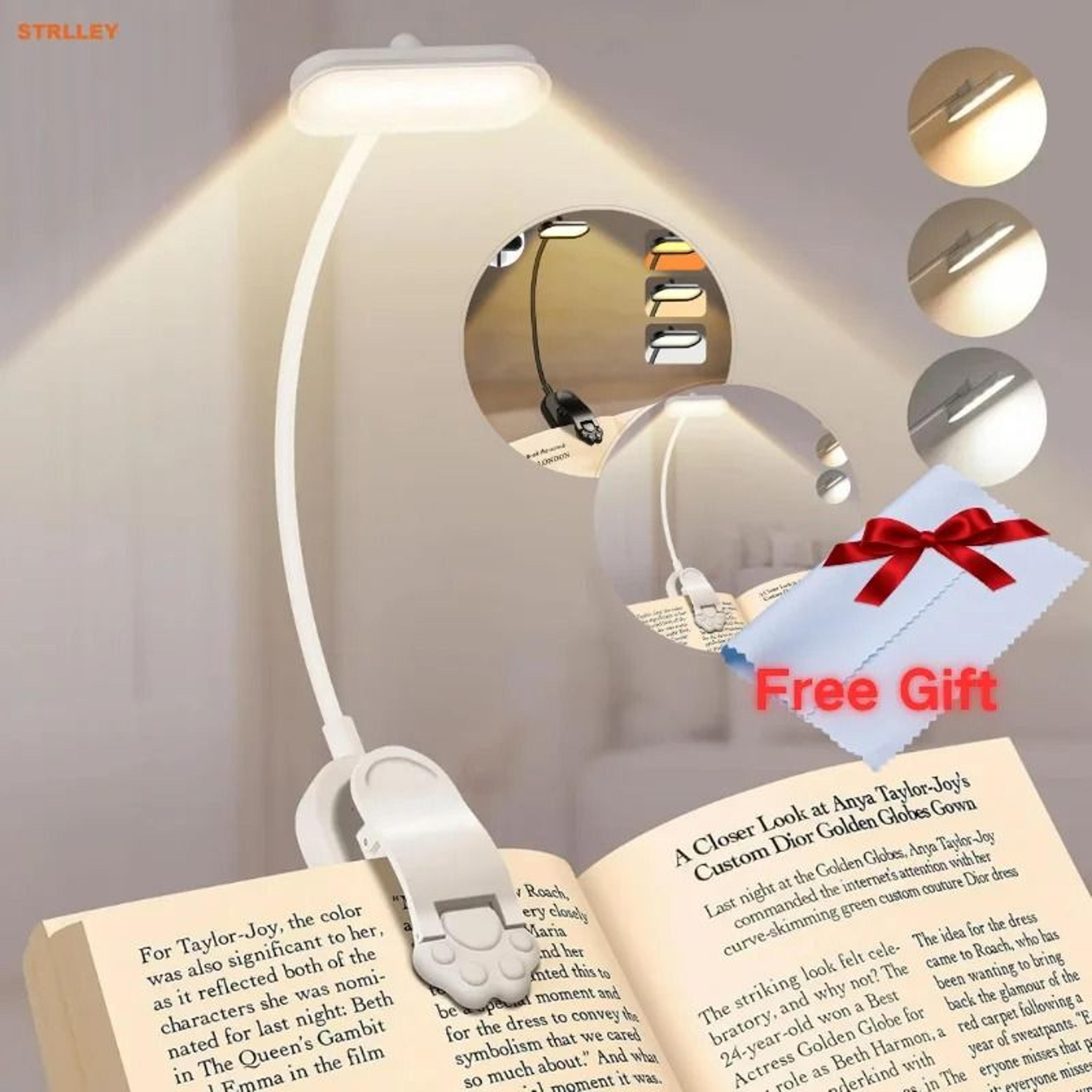 led usb rechargeable book light 3-color mode clip-on reading lamp with flexible gooseneck