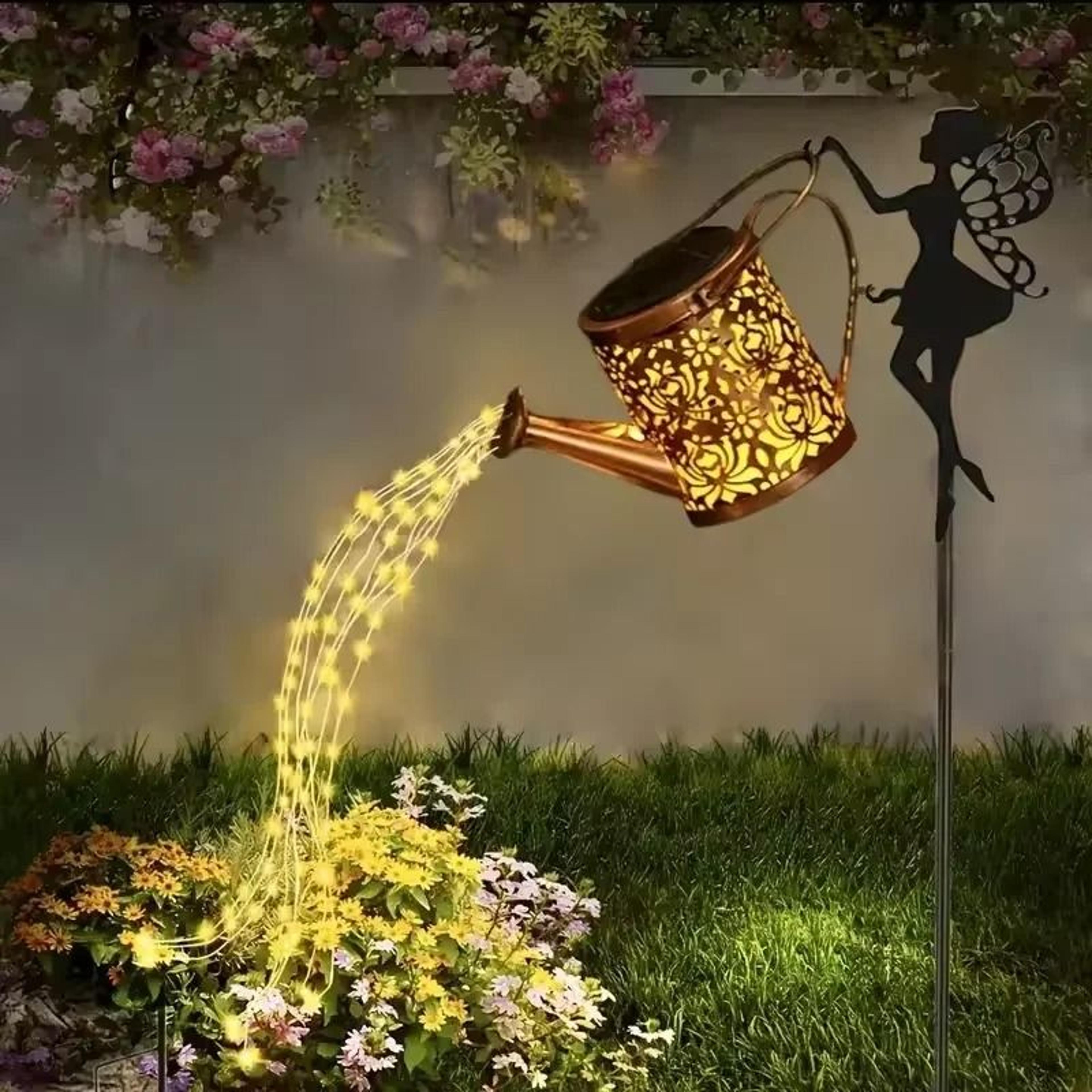 solar watering can fairy lights outdoor waterproof hanging metal garden lamp