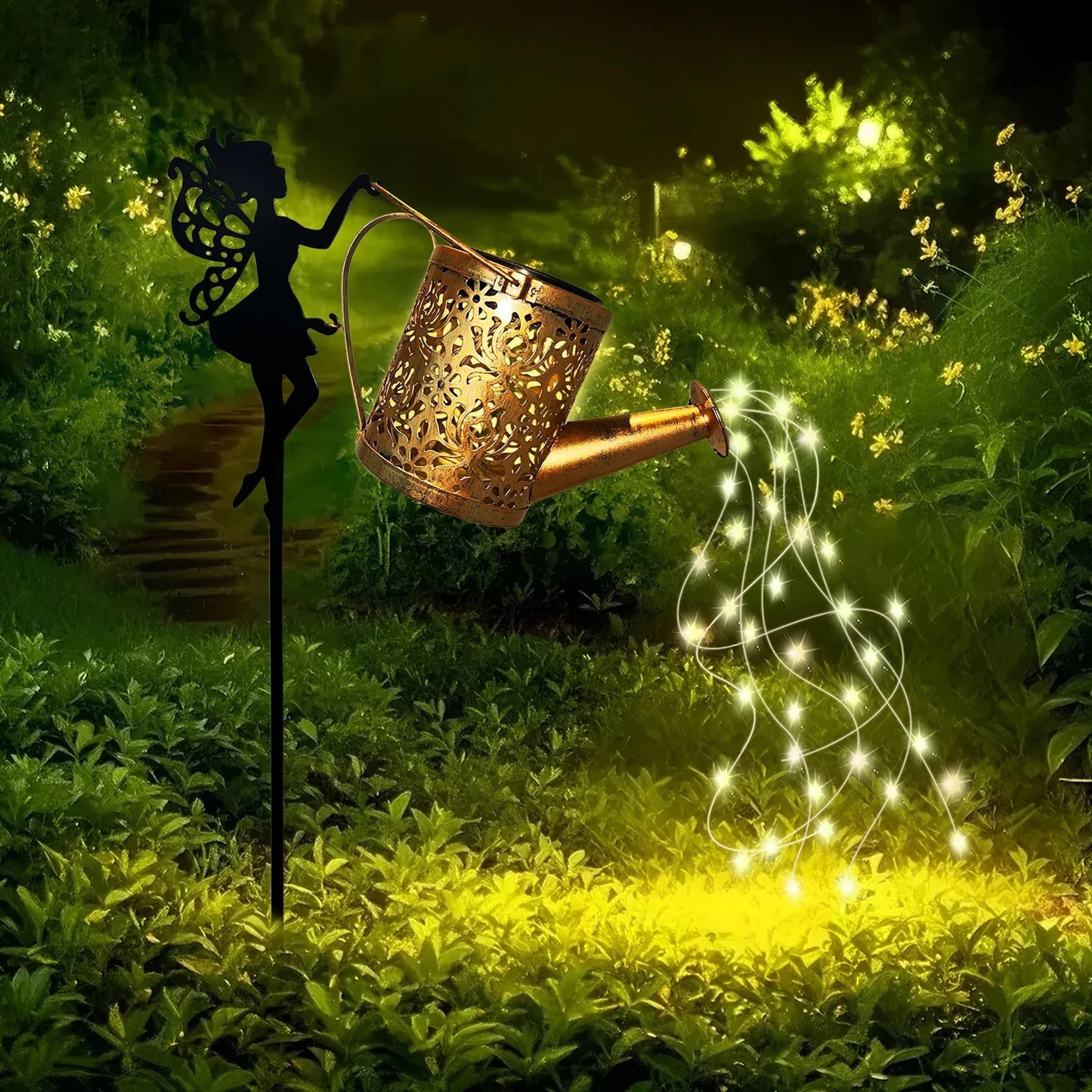 enchanted solar fairy lamp outdoor whimsical iron kettle garden pathway light