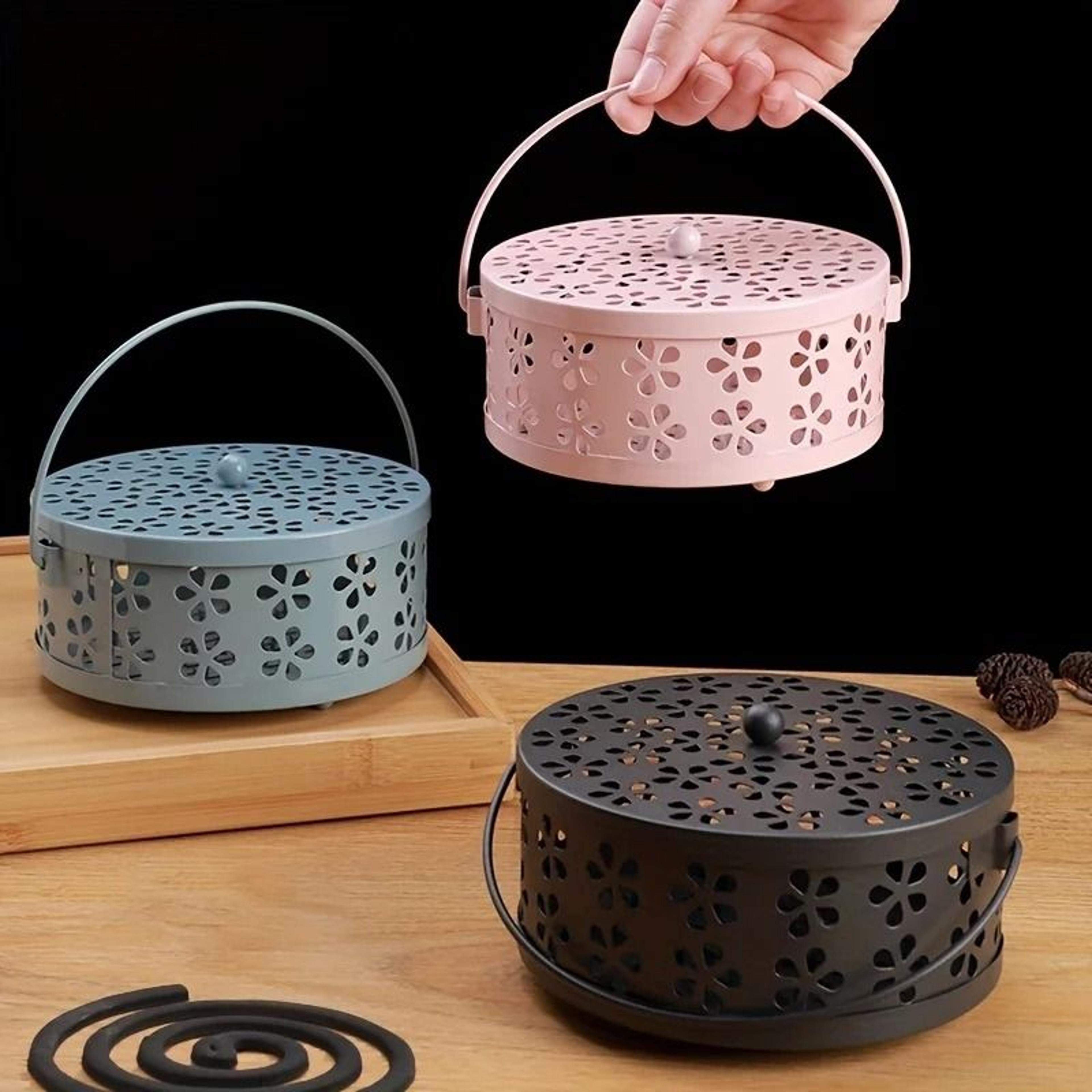 retro portable iron mosquito coil holder hollow incense burner box handle