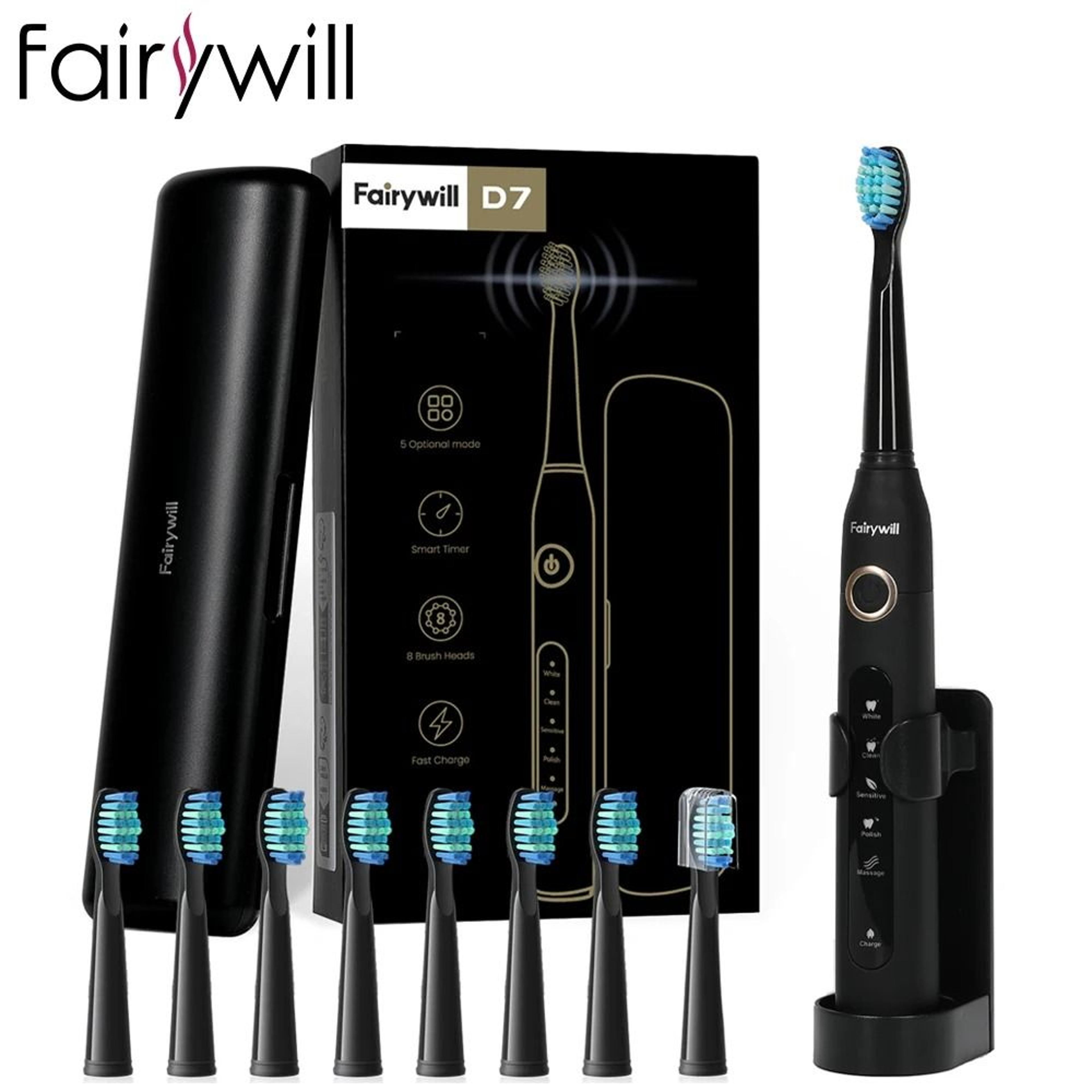 fairywill fw507 sonic electric toothbrush 8 brush heads usb charger travel case
