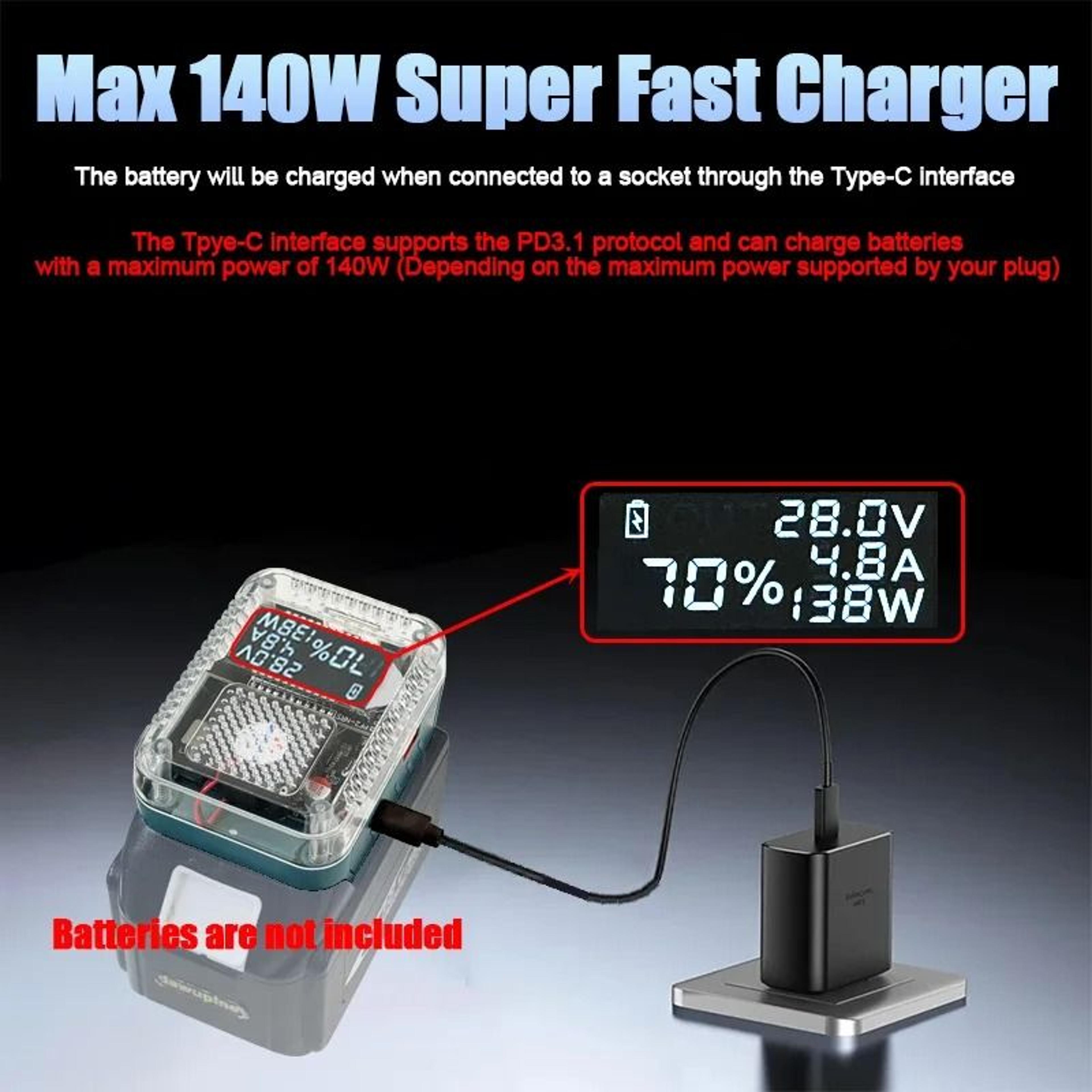 140w pd3.1 usb type-c fast charger adapter digital display fit makita 18v