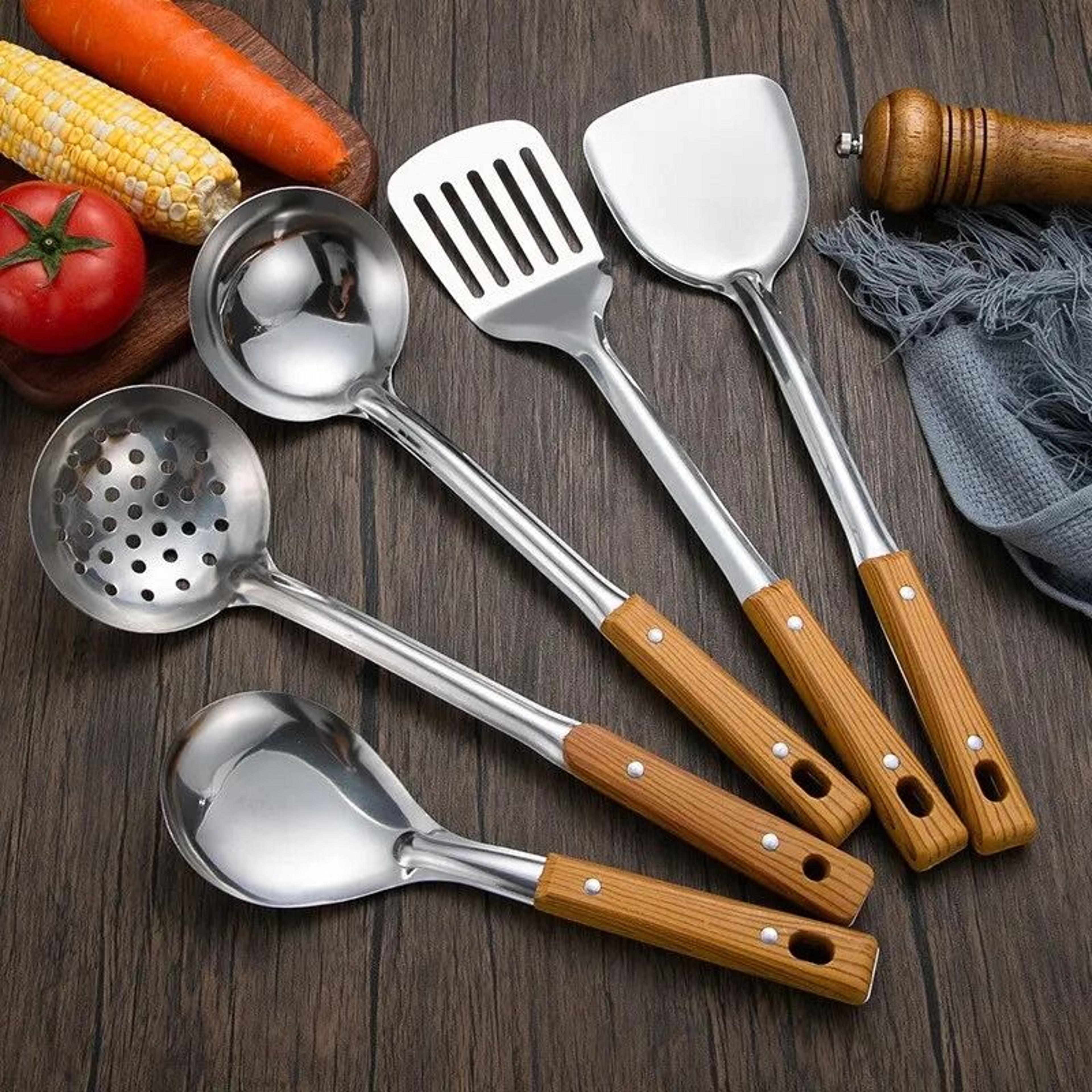 stainless steel wood grain handle cooking utensils slotted spatula ladle