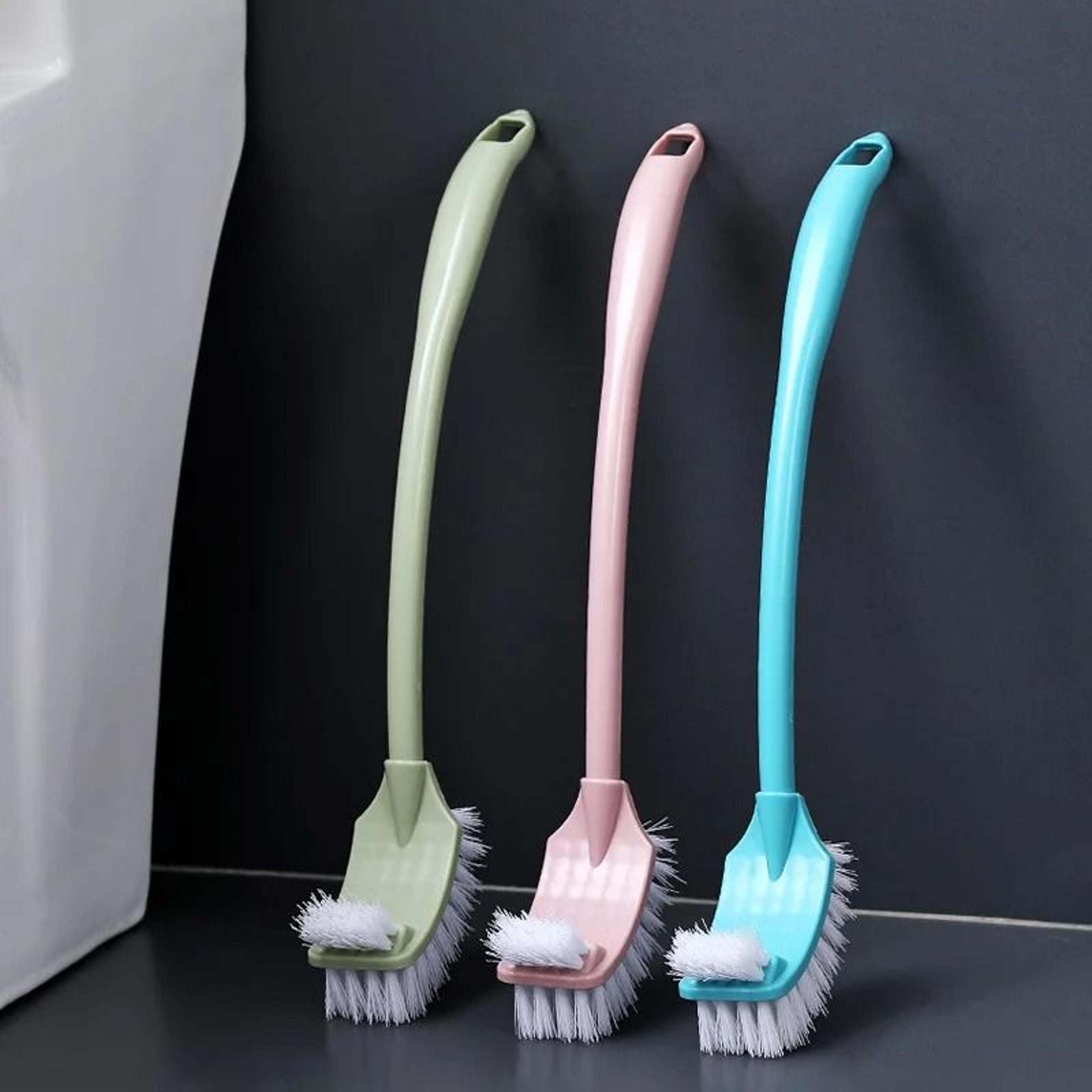 double head curved toilet brush soft bristle long handle rim scrub cleaner