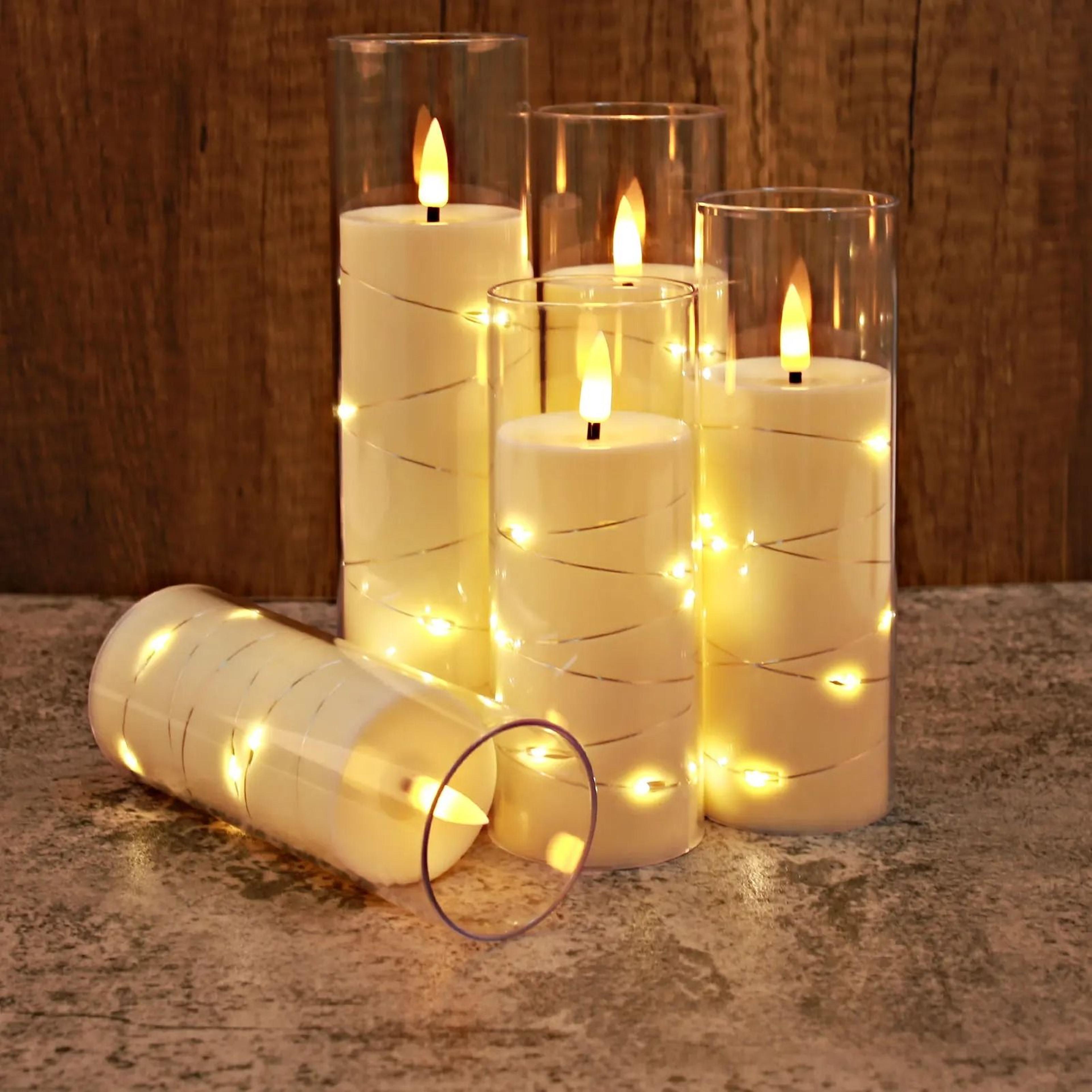 5 pcs flickering flameless led acrylic pillar candles embedded fairy lights remote