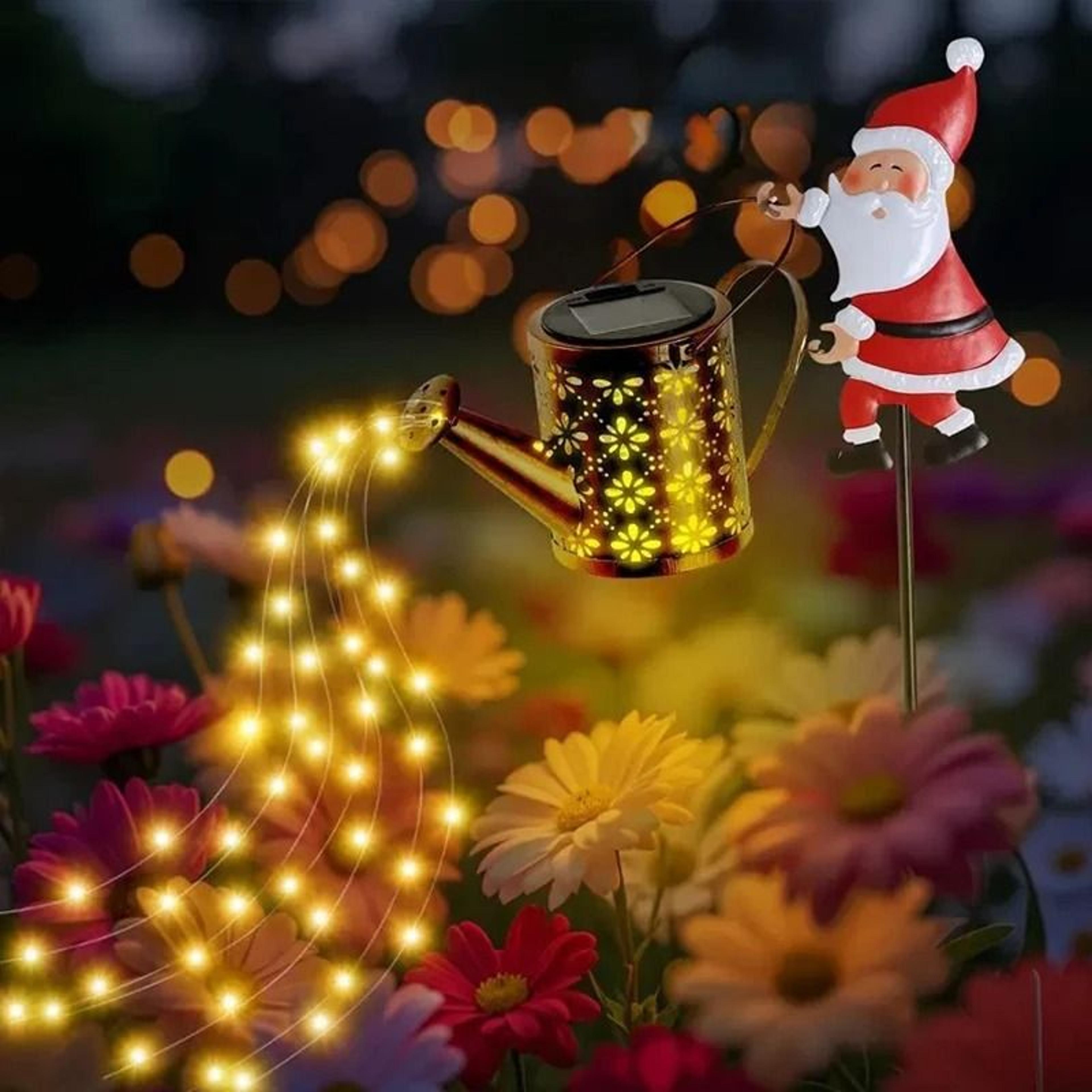 christmas solar santa claus watering can kettle led light outdoor garden stake