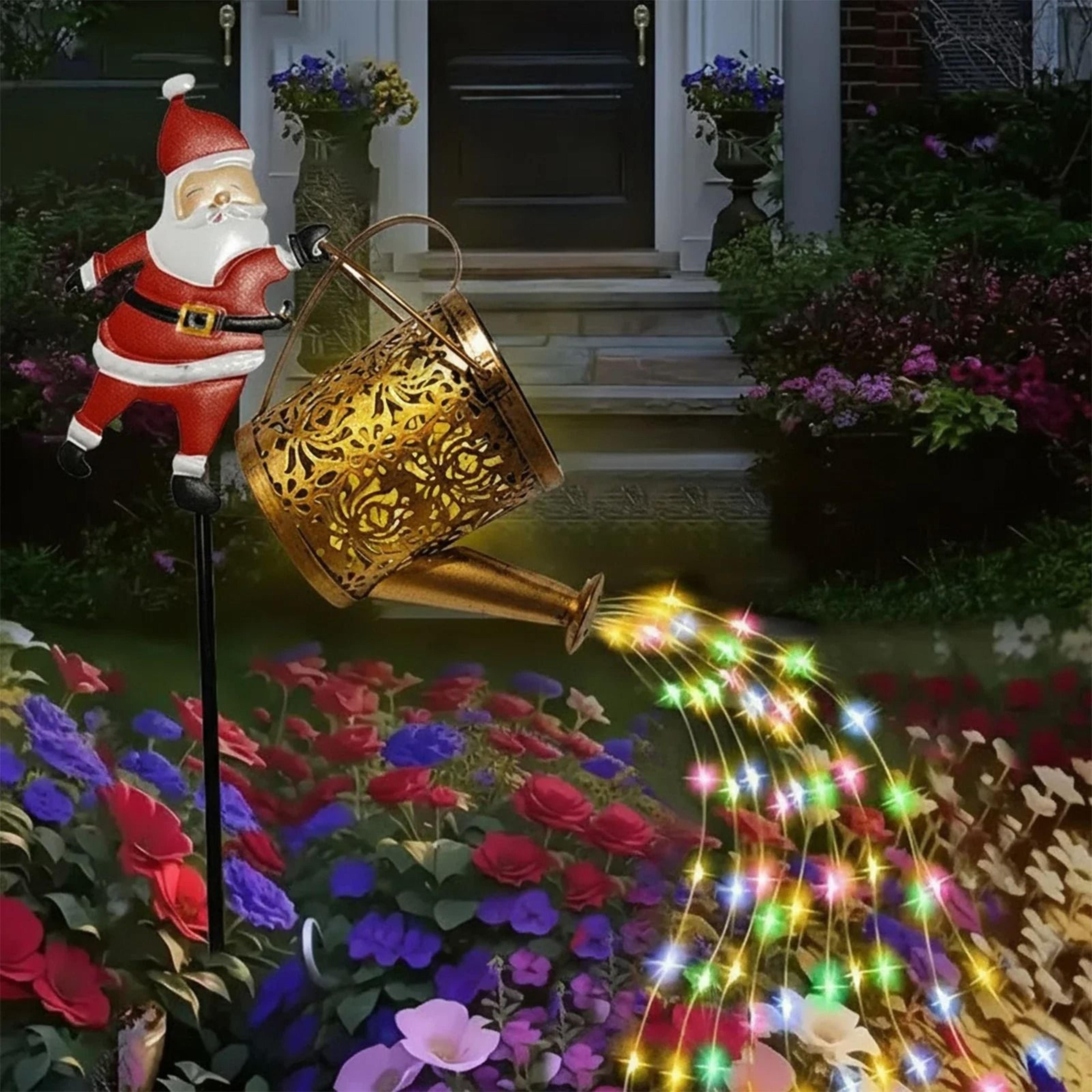 solar santa claus christmas watering can kettle lights garden lawn decor