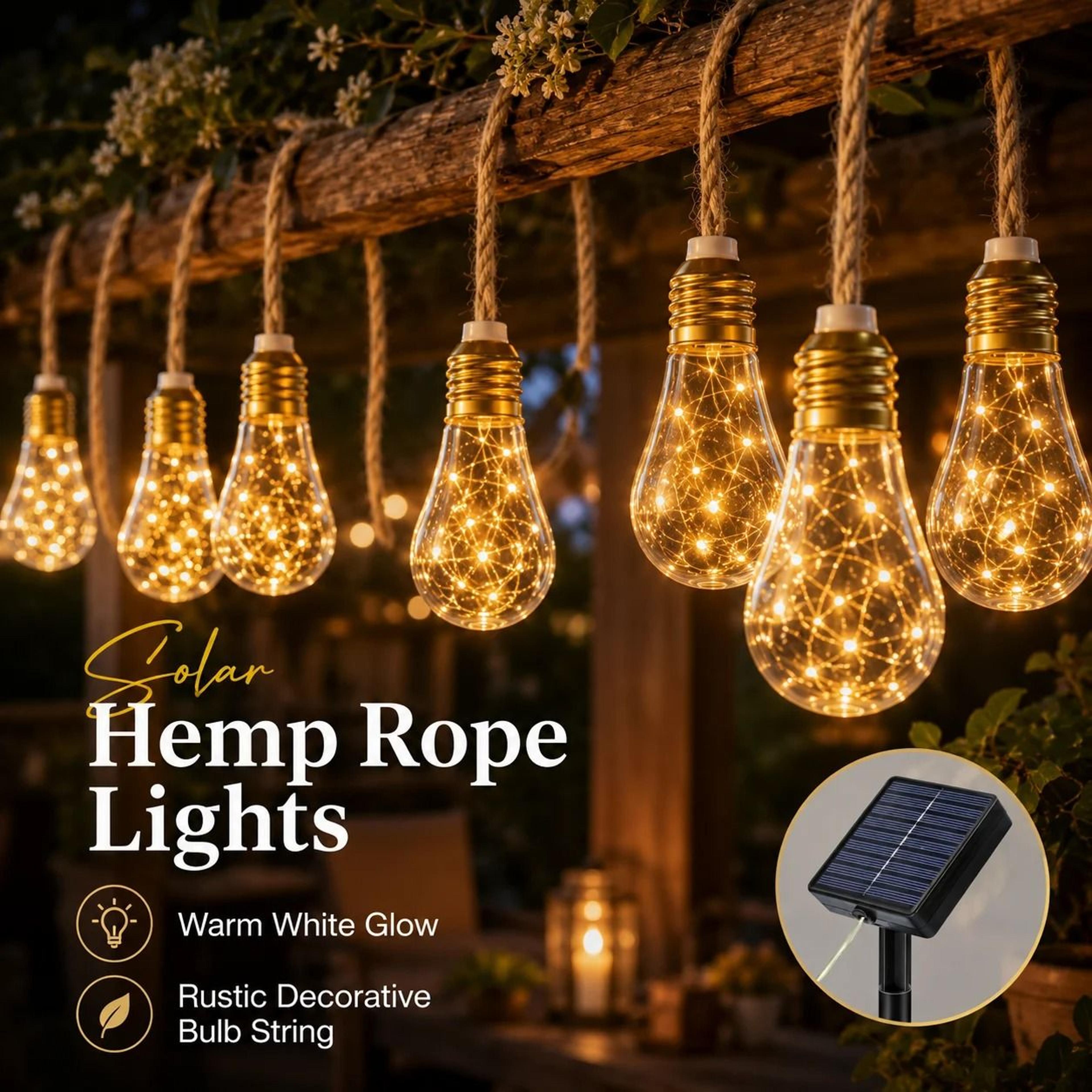 solar outdoor hemp rope edison bulb string lights waterproof patio decor
